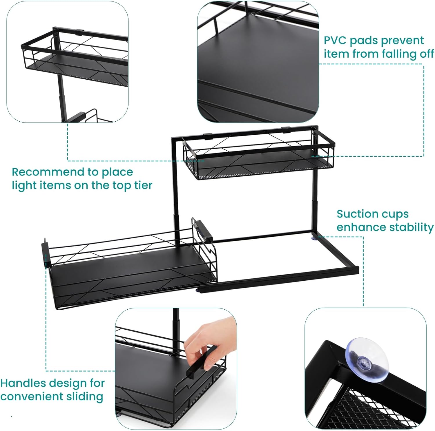 Pull Out Under Sink Organizer, 2 Tier Under Sink Storage with Suction Cups, PVC Mat, Sliding Drawer, Metal Cleaning Supplies Shelf Cabinet Organizer for Kitchen, Laundry, Pantry, Bathroom - Image 4