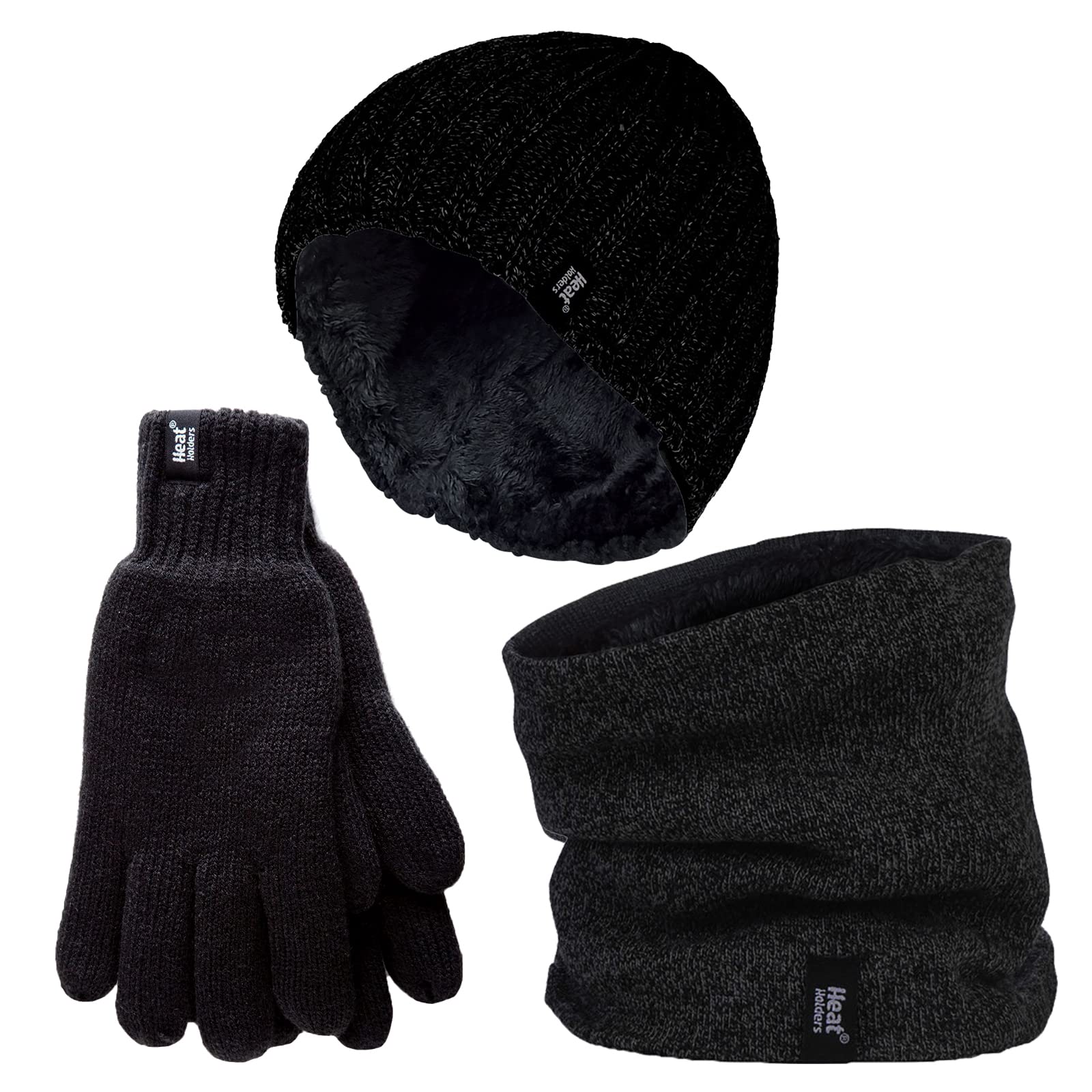 HEAT HOLDERS Mens Hat Neck Warmer & Gloves Set Knitted Winter Set for Mens (Black, L-XL)