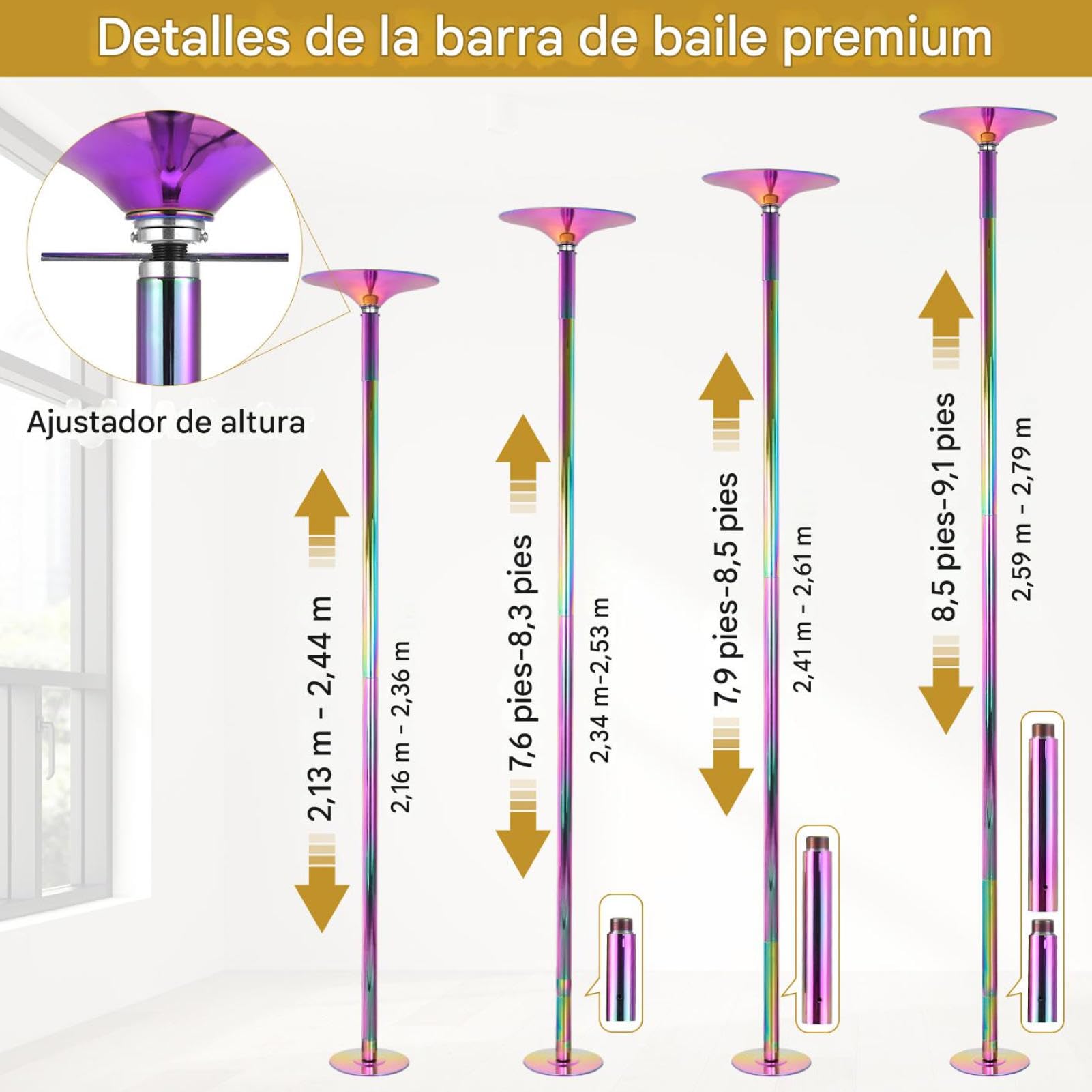 Palos Pole Dance Professionale Altezza Regolabile 223,5-274,5 cm 45 mm Rotante e Statico Portatile Nero/Multicolore