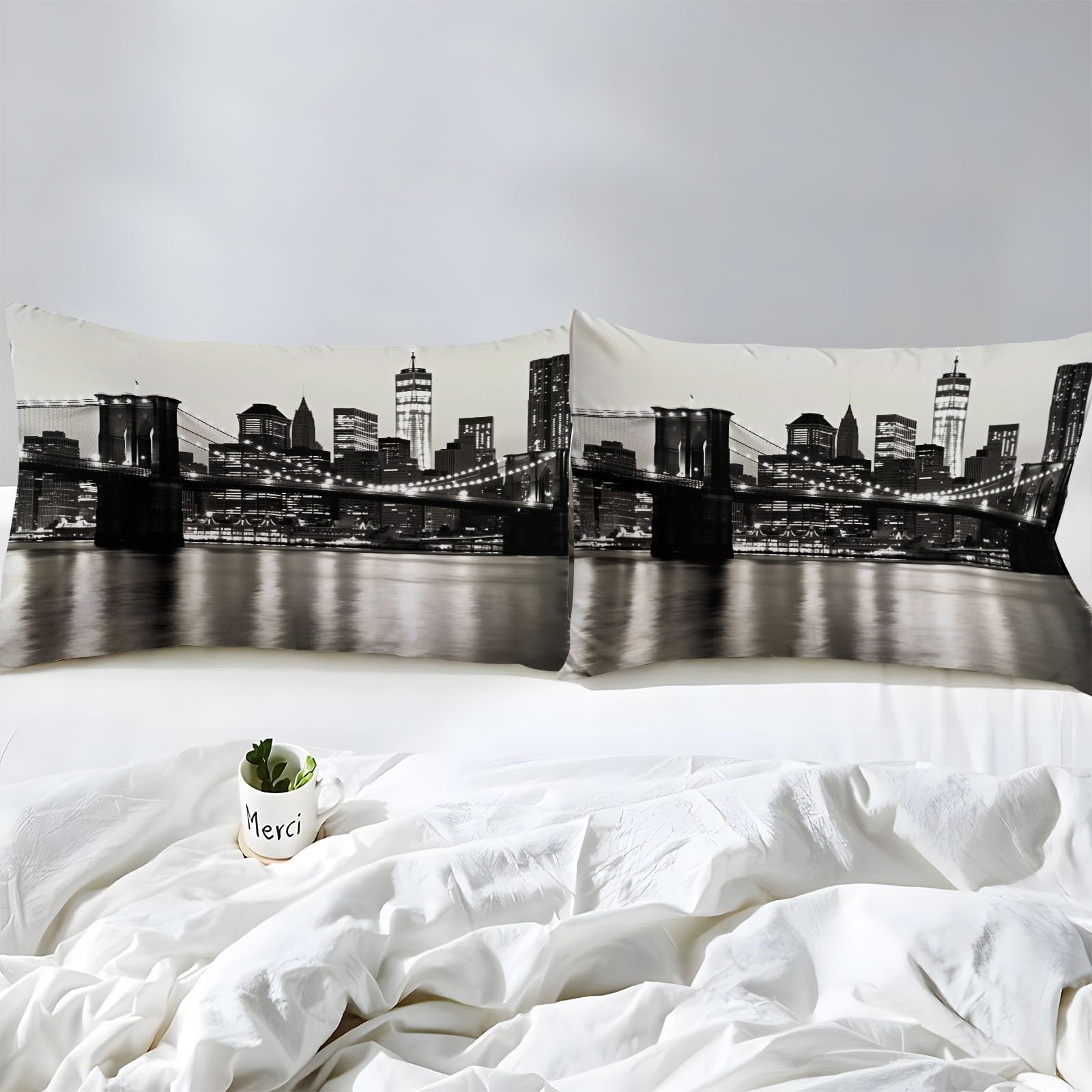 Pościel z narożnikami Vintage plakat Nowy Jork Brooklyn Bridge 3D czarno-białe prześcieradło z gumką oddychające rozciągliwe prześcieradło z mikrofibry ochraniacz na materac 180 x 200 cm, głębokość