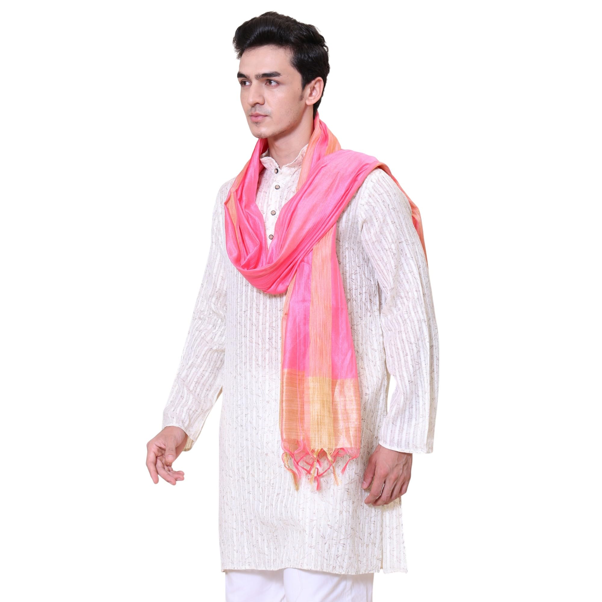 Men's Silk Bandhani Ethnic Dupatta/Stole for Kurta(Pink, 2.25 Mtr Length)
