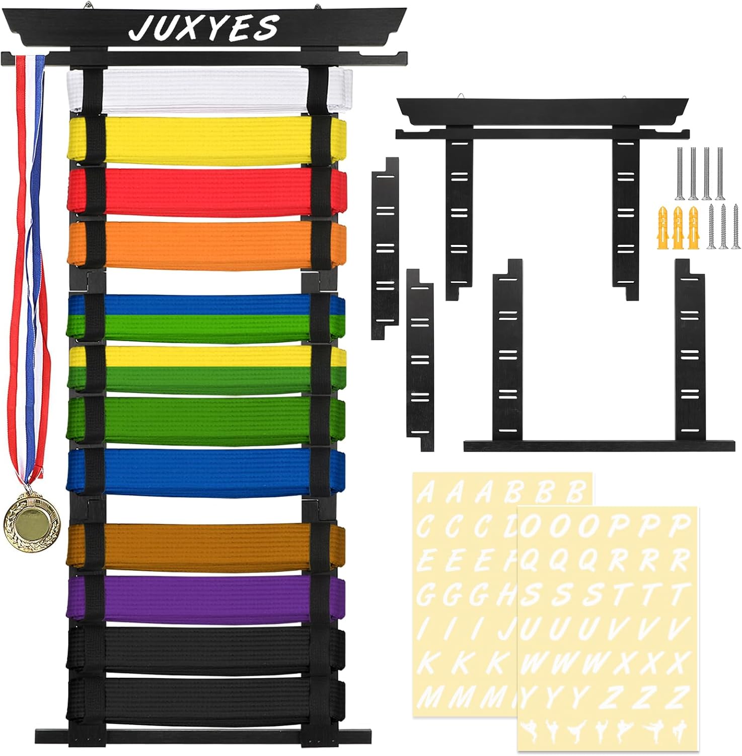 JUXYES Wall Hanging Martial Arts Belts Organizer for 8 12 Belts with Medal Hanger and Stickers, Bamboo Karate Belt Display Holder Rack, Taekwondo Belt Display Holder for Martial Arts Learners