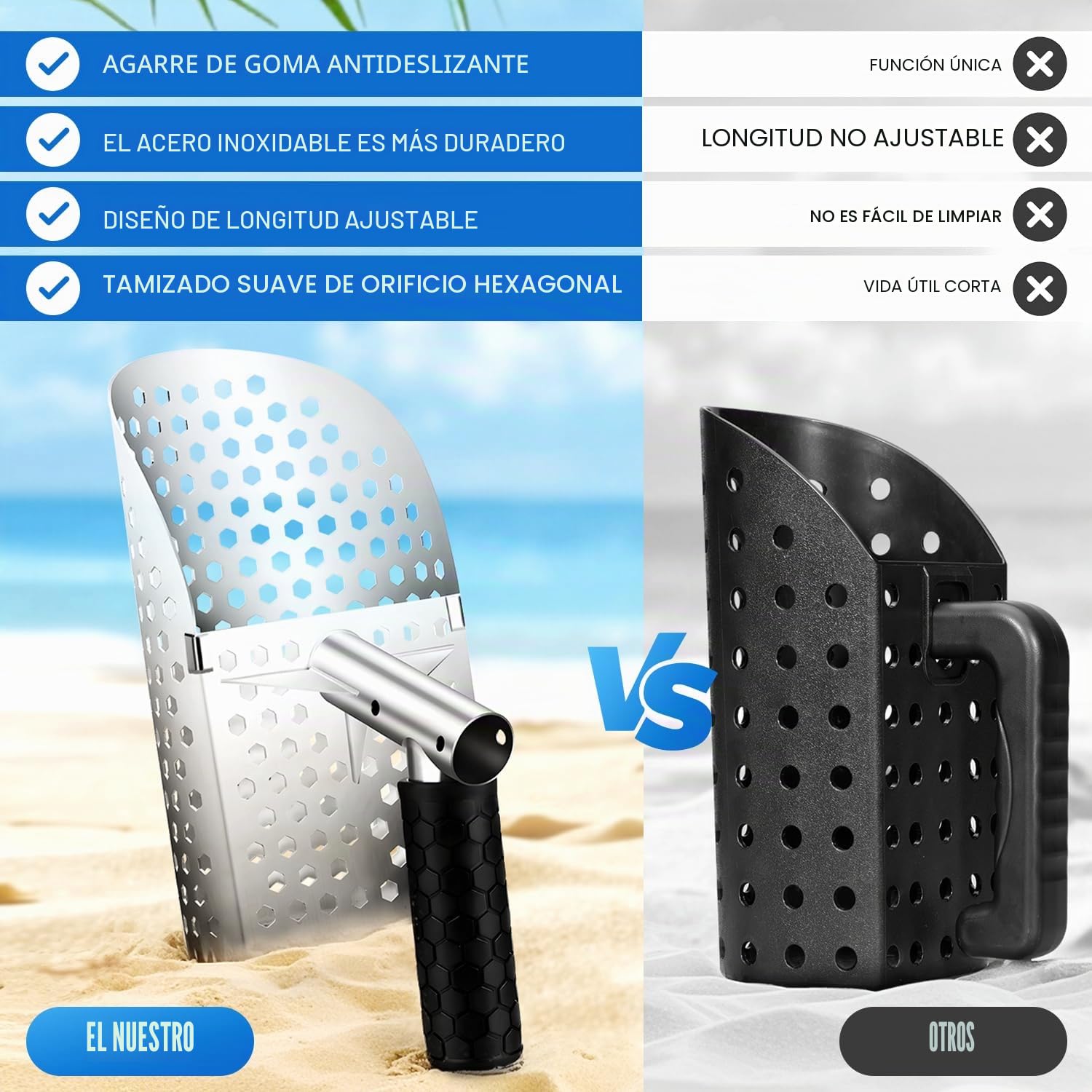 Pala de Arena de Playa, Herramienta de detección de Metales con Mango Antideslizante para la detección rápida de Metales en el Agua y en la Playa, con Tres Extensiones de Acero Inoxidable