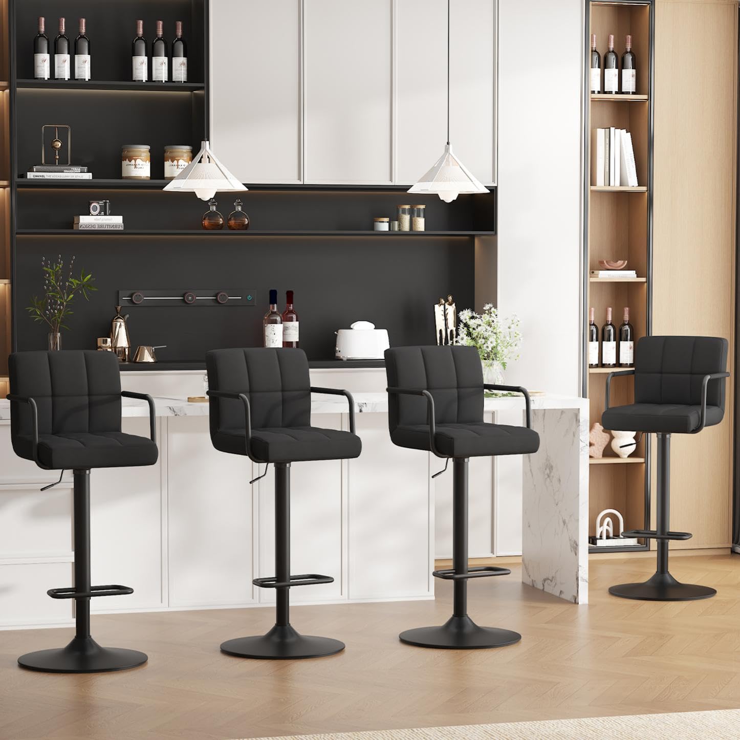 Ckaff Bar Stools Set of 4, Height Adjustable Velvet Fabric Swivel Barstools, Modern Counter Stools with Back and Footrest, Counter Height Barstools for Bar, Dining Room