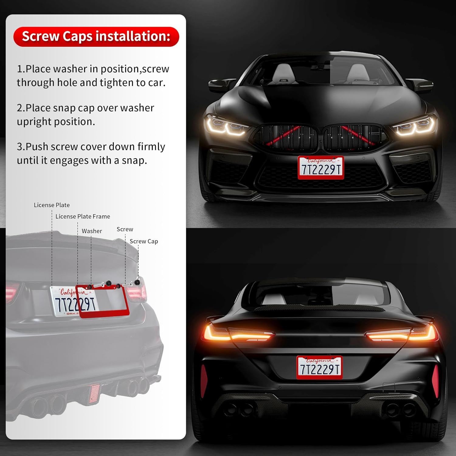 License Plate Frames Stainless Steel 2 Pack,License Plate Holders,Universal US Car License Plate Covers with Tire Valve Stem Caps and Decal Red - Image 4