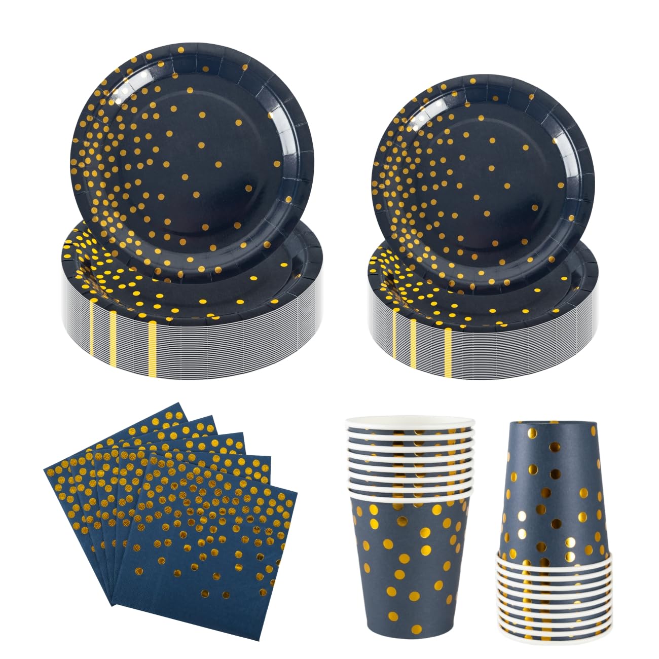 100PCS Navy Blue Party Tableware Set, CEILIWEN Royal Blue and Gold Polka Dot Party Tableware Includes Plates, Napkins, Cups