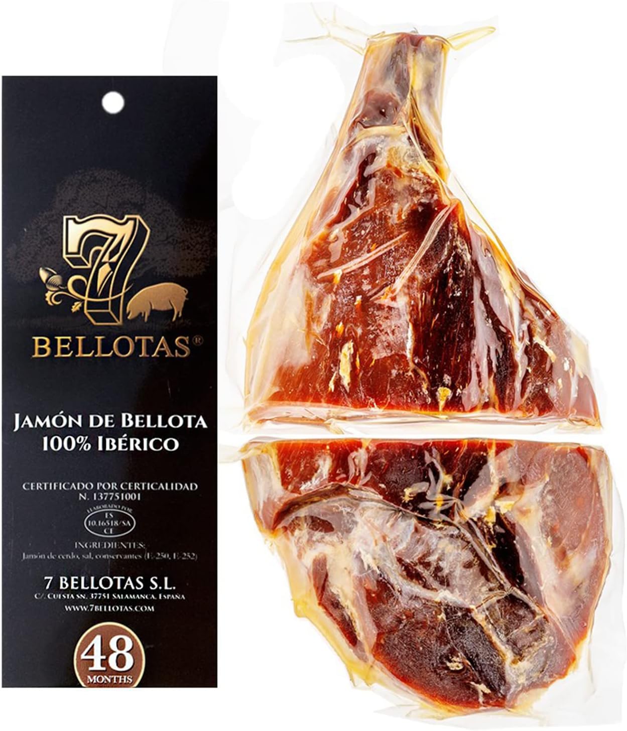 7 BELLOTAS 100% Iberico Ham | Made From Acorn Fed Iberico Pigs and Natural Curation Process | Spanish Jamon Pata Negra | Jamon Iberico Bellota | 48 Months (Boneless + 3,3 Kg.)
