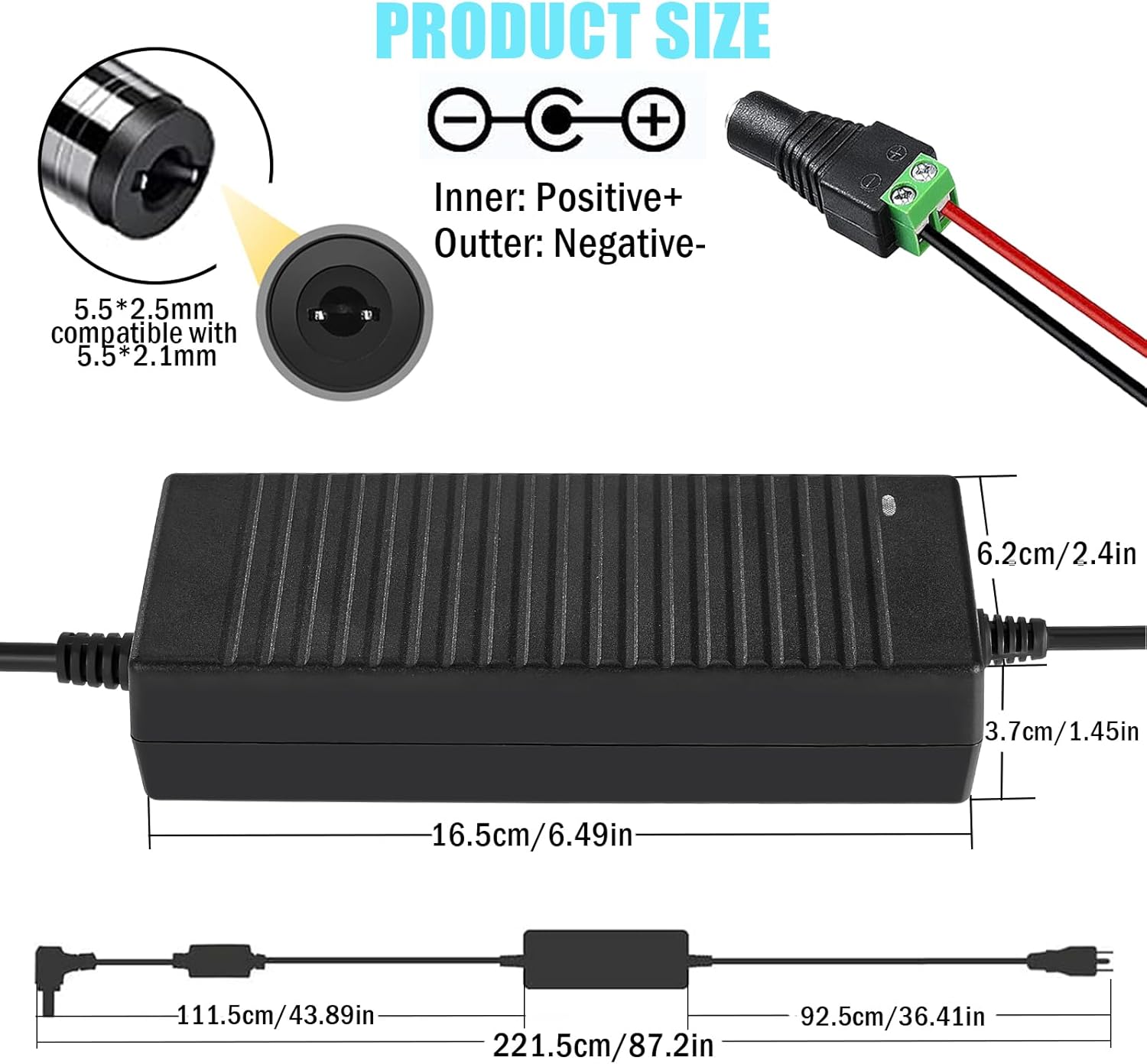 24V 8A Power Supply Adapter AC 100-240V to DC 24 Volt 8 Amp 192W Power Converter Low Voltage Transformer with 5.5 x 2.5/2.1mm DC Output Jack for LED Strip Light CCTV Cameras LCD Monitor 3D Printer