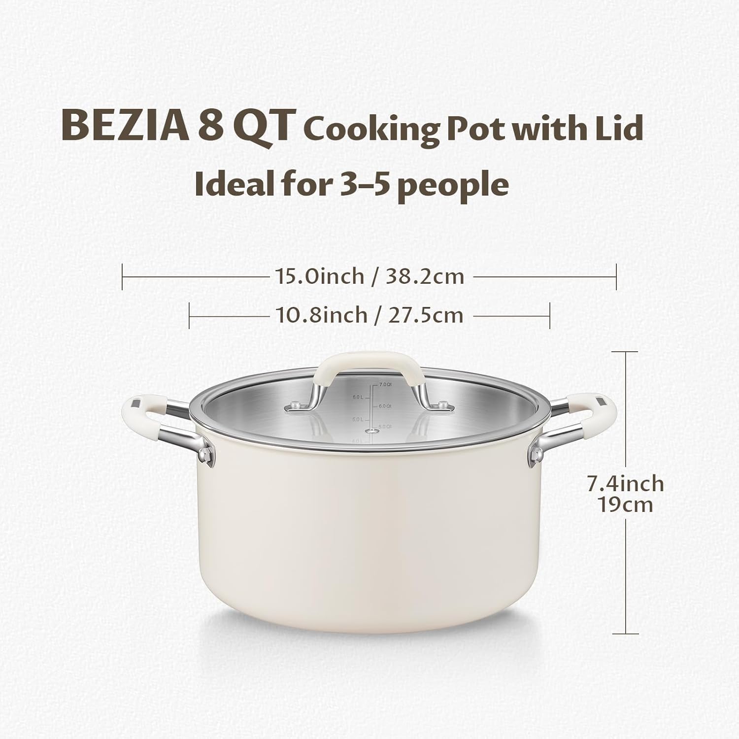 8 Quart Nonstick Stock Pot with Lid, BEZIA Fully-Clad 3-Ply Stainless Steel Pots, Induction Soup Pot with Lid, Kitchen Cooking Pots with Silicone Handle, for All Cooktops, Free of PTFE/PFOA/PFOS - Image 6