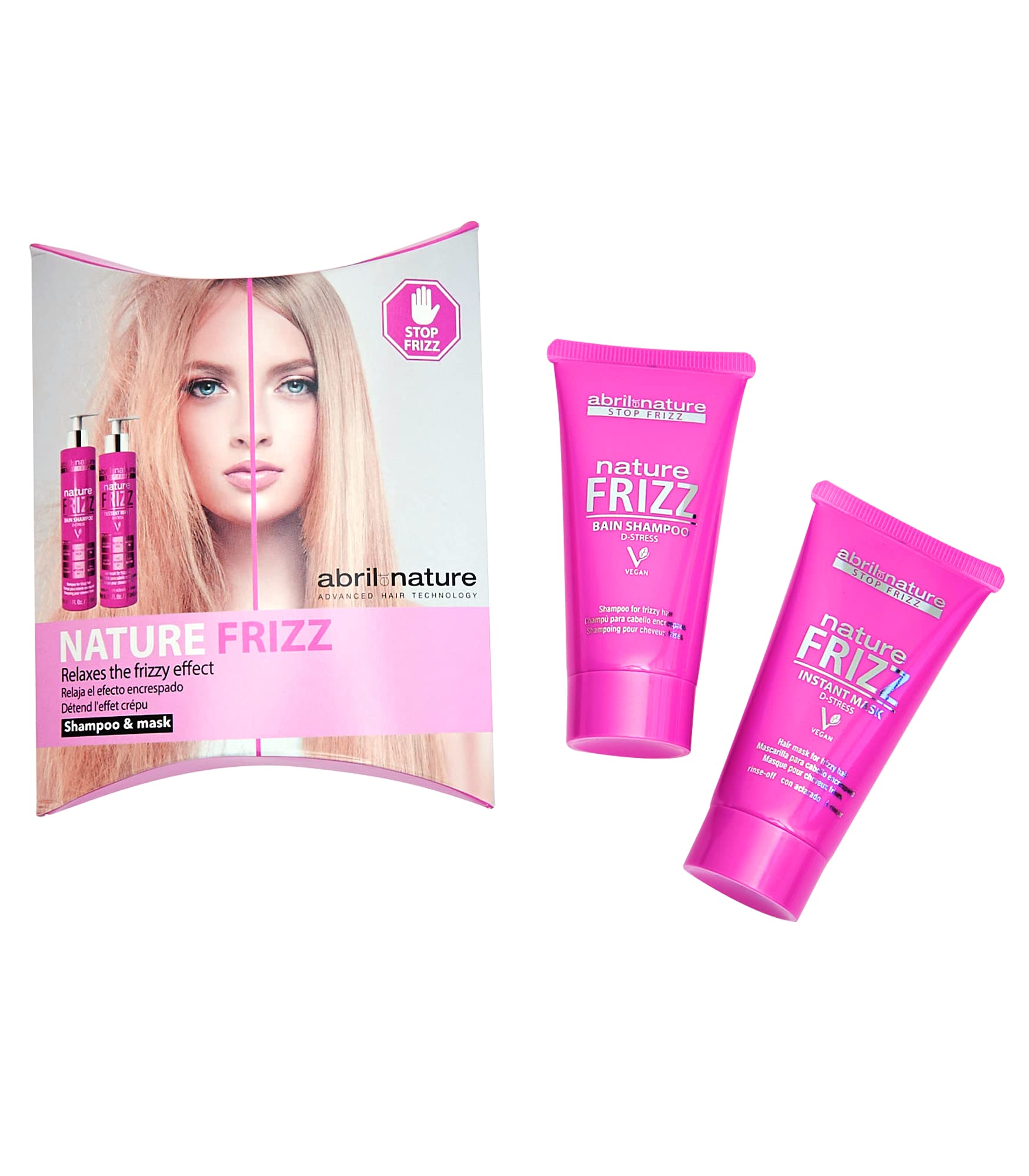 abril et nature - Mini Pack Tratamiento Anti-Frizz - Hidrata y Mantiene el Pelo Liso - Set de Viaje con Champú y Mascarilla para Cabellos Encrespados - Pelo Suave y Brillante - Formato Viaje