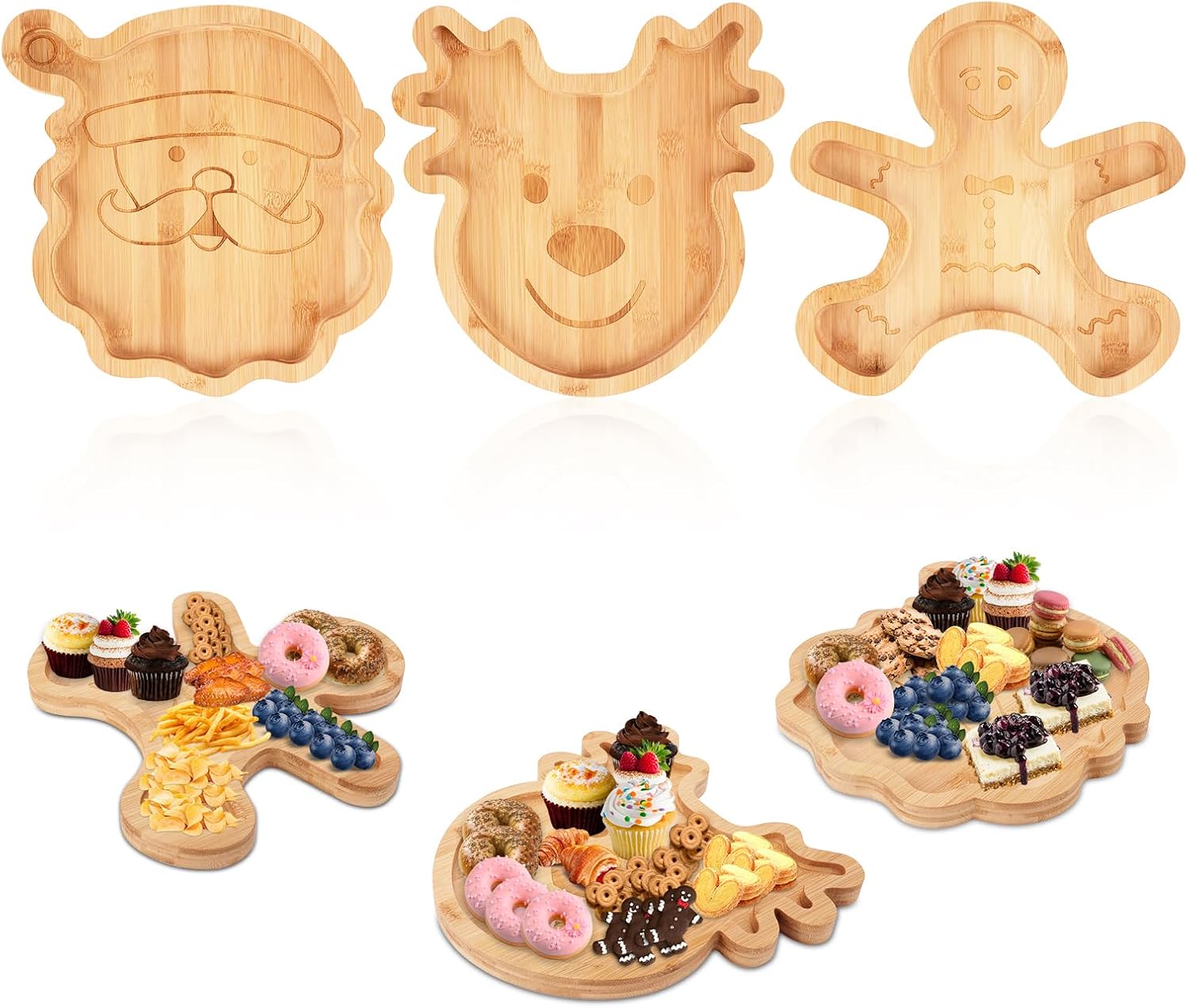 3pcs Christmas Charcuterie Board, Cheese Wood Board Charcuterie Platter Reindeer Santa Claus Gingerbread Man Wooden Serving Trays for Food Christmas Snack Party Supplies