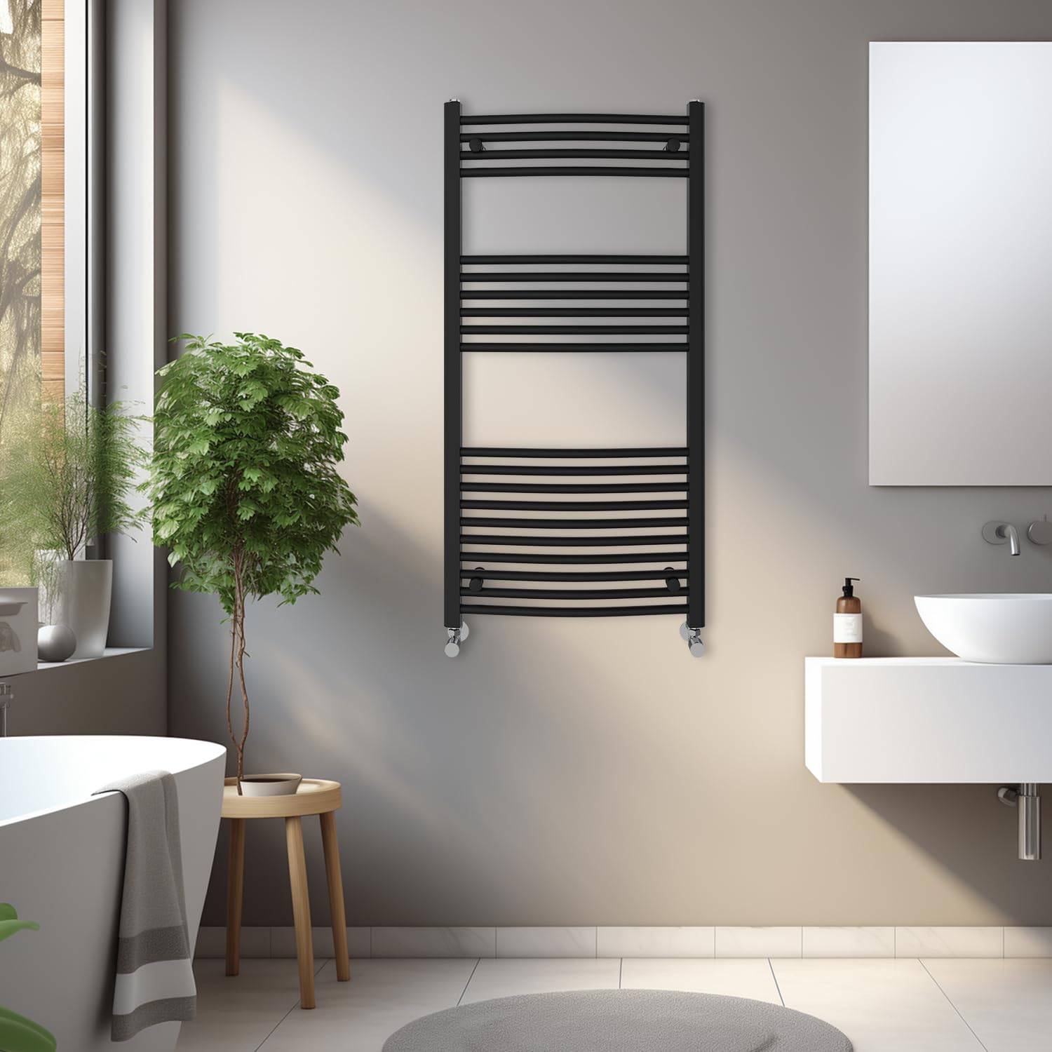 Blümme Heated Towel Rail Bathroom Ladder Radiator Curved 1200 x 600mm Central Heating Towel Radiator Warmer Black