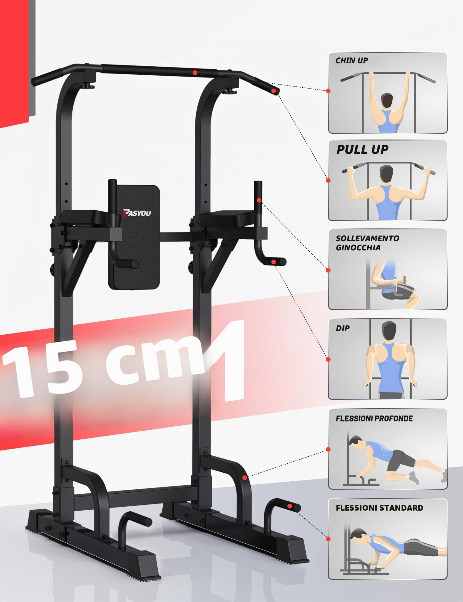 PASYOU Sbarra Trazioni Autoportante Regolabile in Casa, 6-IN-1 Barra per Trazioni, Pull Up Bar ROBUSTE. Carico Massimo 300 kg (modello: PU40)