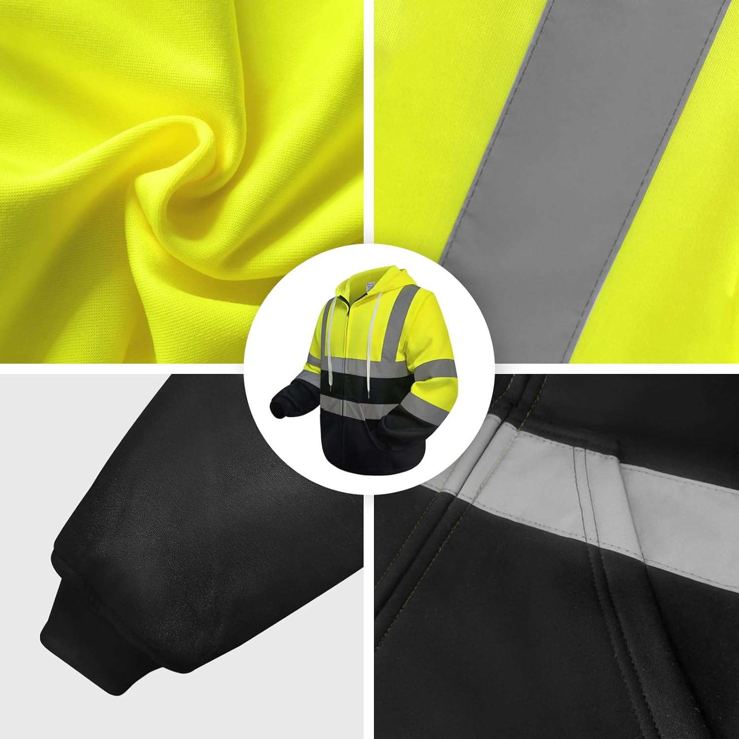 Reflective Hoodie, Hi Vis Hoodie for Men Women, Class 3 High Visibility Sweatshirts with Zipper, Safety Jackets with Black Bottom for Construction, Yellow, S - Image 5