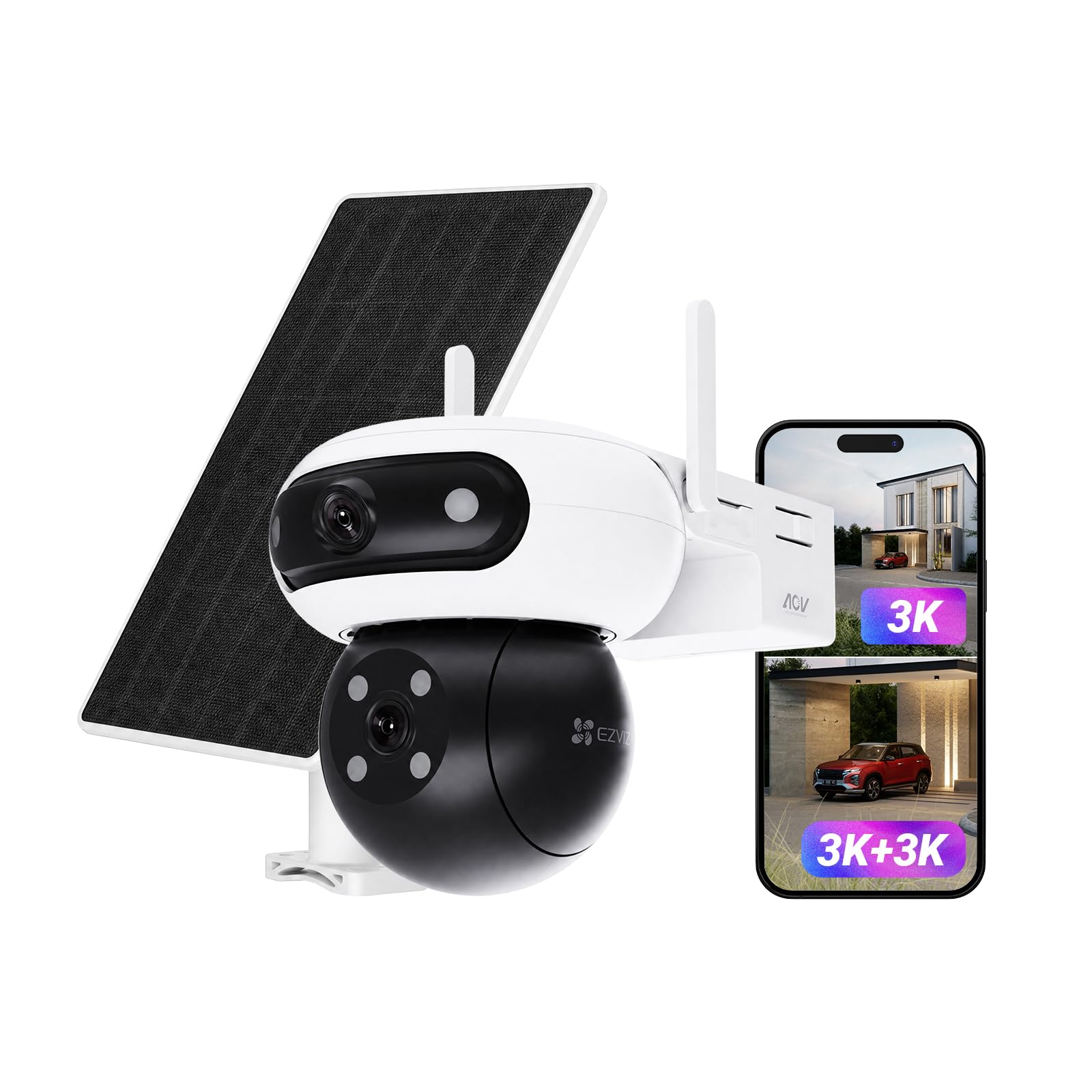 EZVIZ 3K+3K Akku Überwachungskamera Aussen mit 8W Solarpanel CB90 Dual | Dual-Objektiv, 10400mAh Batterie, Auto-Tracking, Farbnachtsicht, Personen/Fahrzeugerkennung, Zwei-Wege-Audio, Ohne Abo