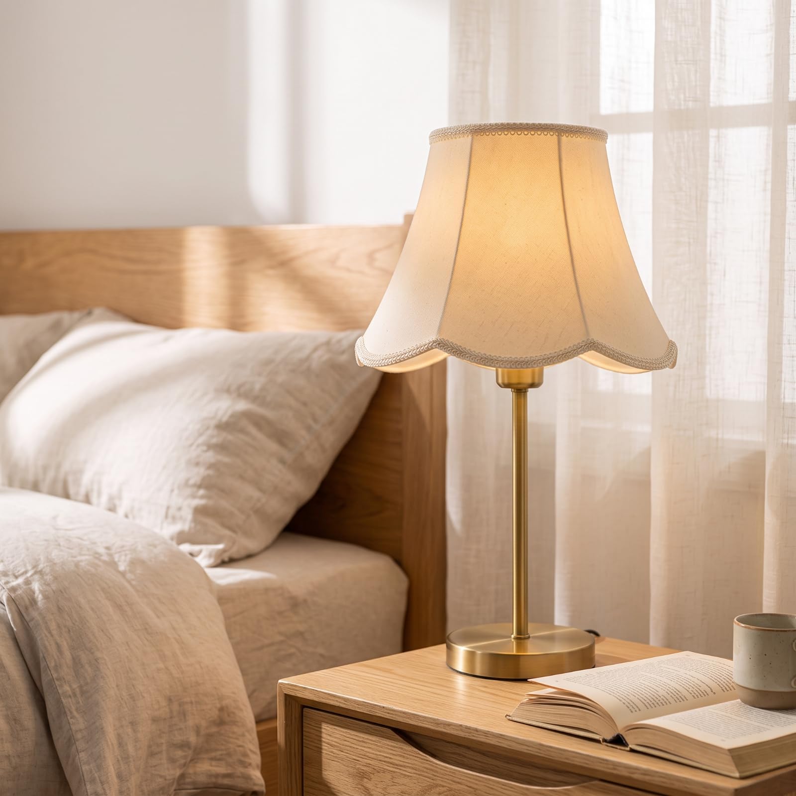 Lampenschirm mit Wellenrand beige Stofflampenschirm klassisch Ersatz-Lampenschirm für Wohnzimmer, Schlafzimmer