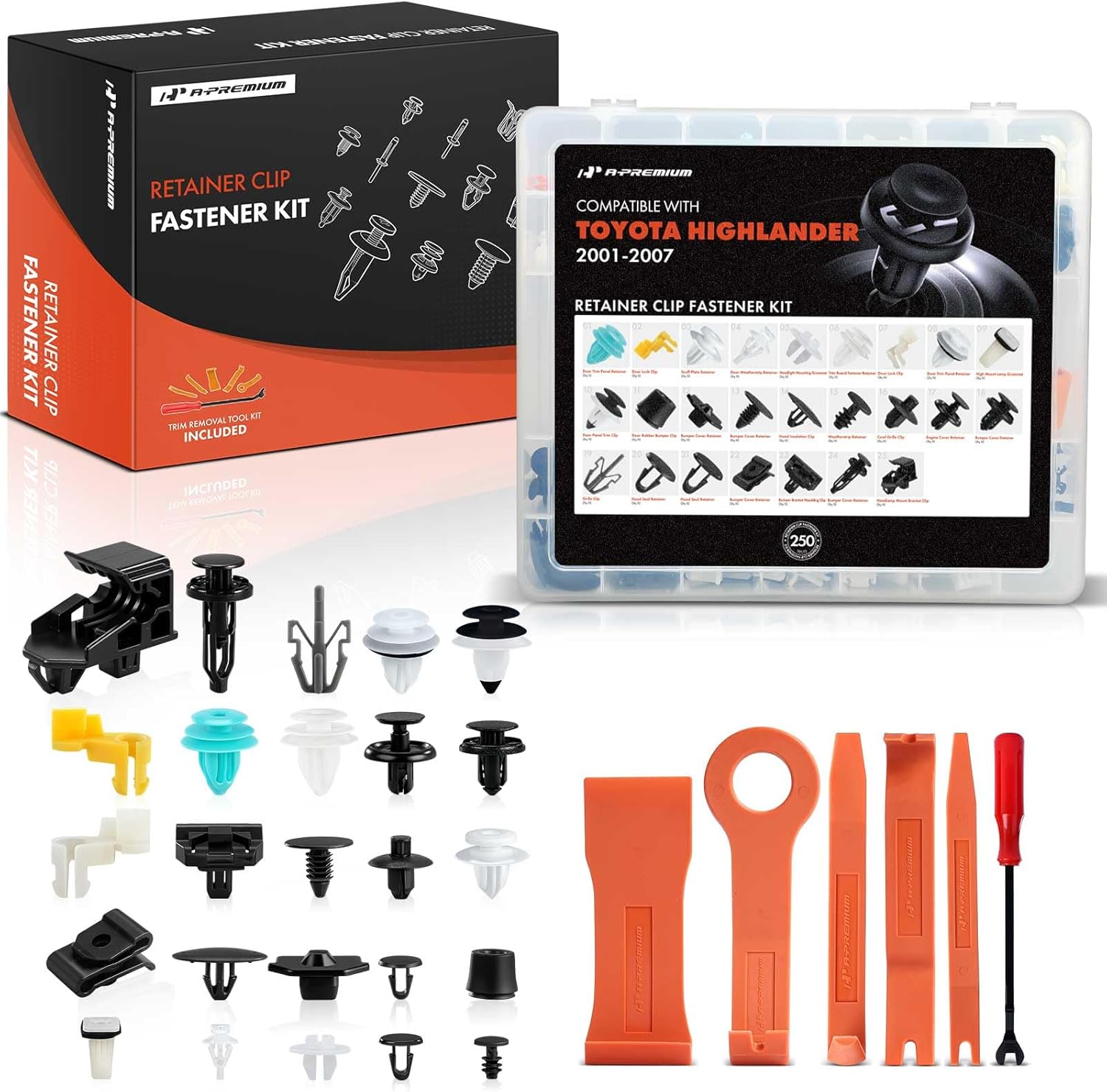 A-Premium 250PCS (25 Sizes/51 oz) Bumper Fender Retainer Clips Kit - Compatible with Toyota Highlander 01-07 - Weatherstrip Grill Hood Door Trim Push Pin Plastic Nylon Rivet Fastener, w/Removal Tool