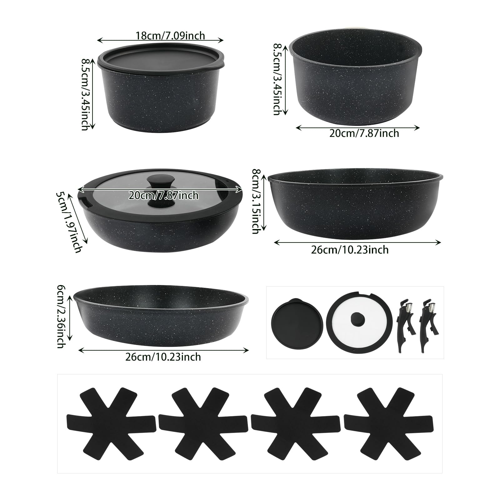 Juego de utensilios de cocina de 15 piezas, antiadherente, juego de ollas y sartenes versátiles con mango extraíble, ollas y sartenes portátiles para cocina (negro)
