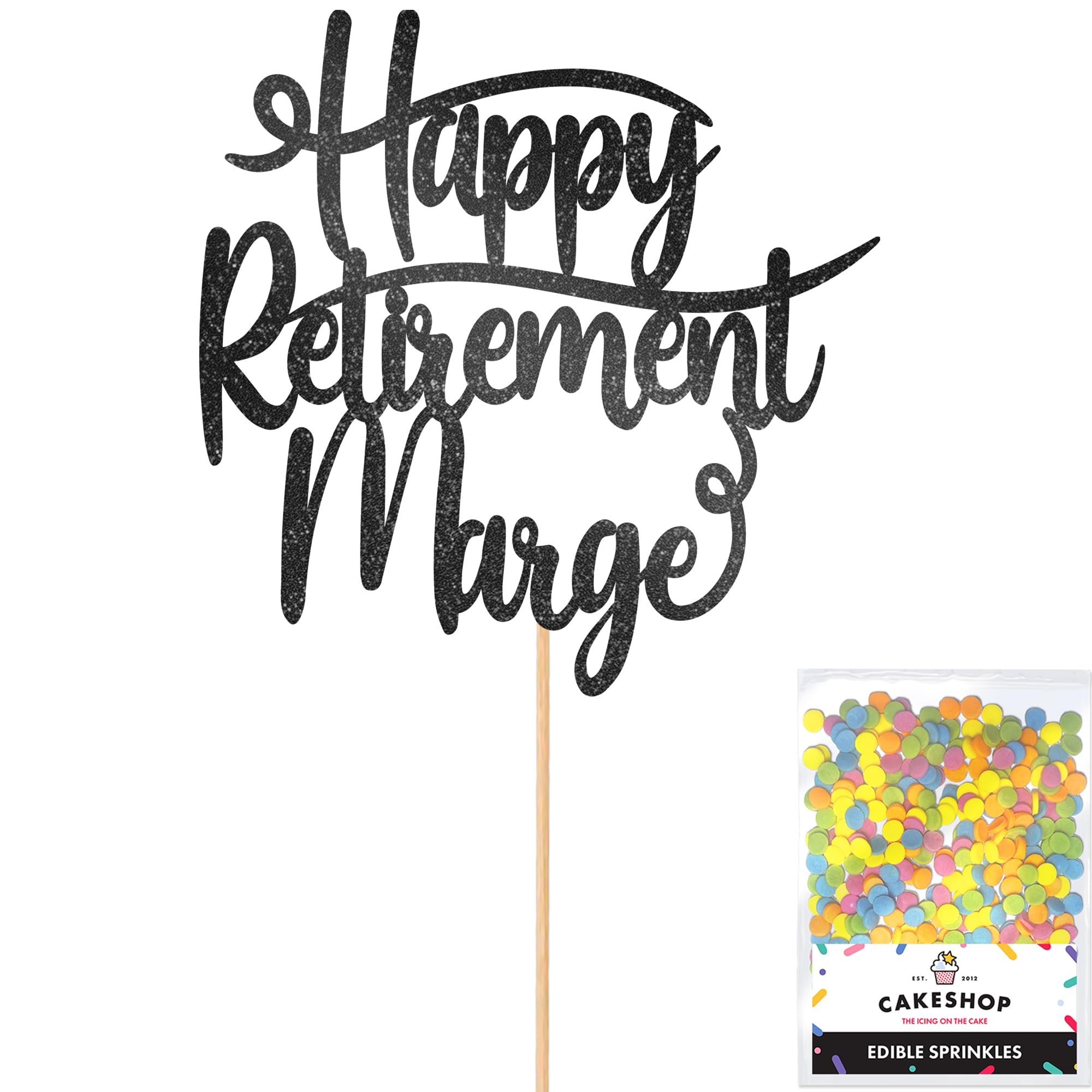 Cakeshop Personalised Happy Retirement Glitter Cake Topper With Sprinkles - Black Custom Colour - Any Name - Double-Sided Glitter Card Cake Decoration - Custom Toppers for Cakes