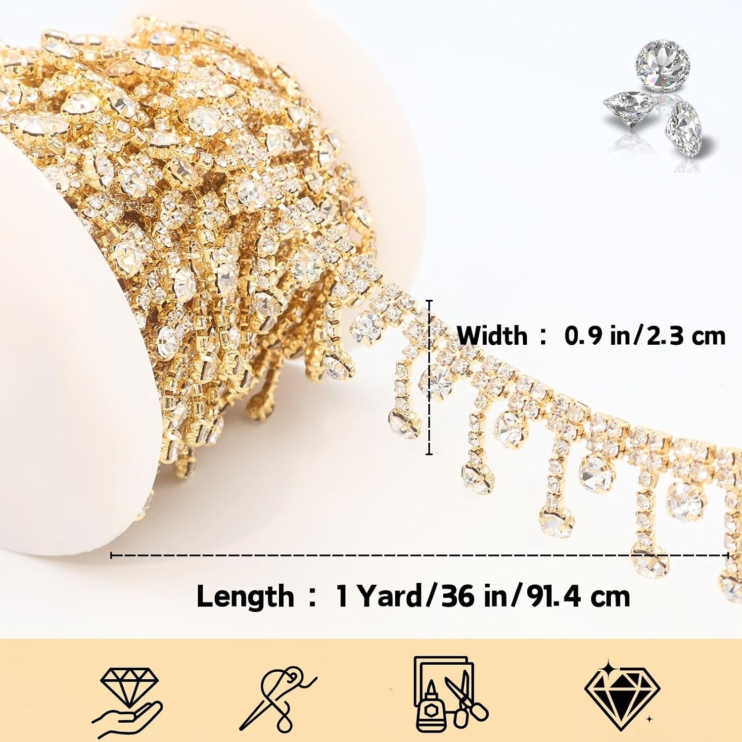 Bijou Joon 1 Yard Gold Rhinestone Trim Chain Crystal Trim Chain Fringe Tassel Straps DIY for Crafts Bridal Sewing Dress Embellishments Wedding Accessories Decorar