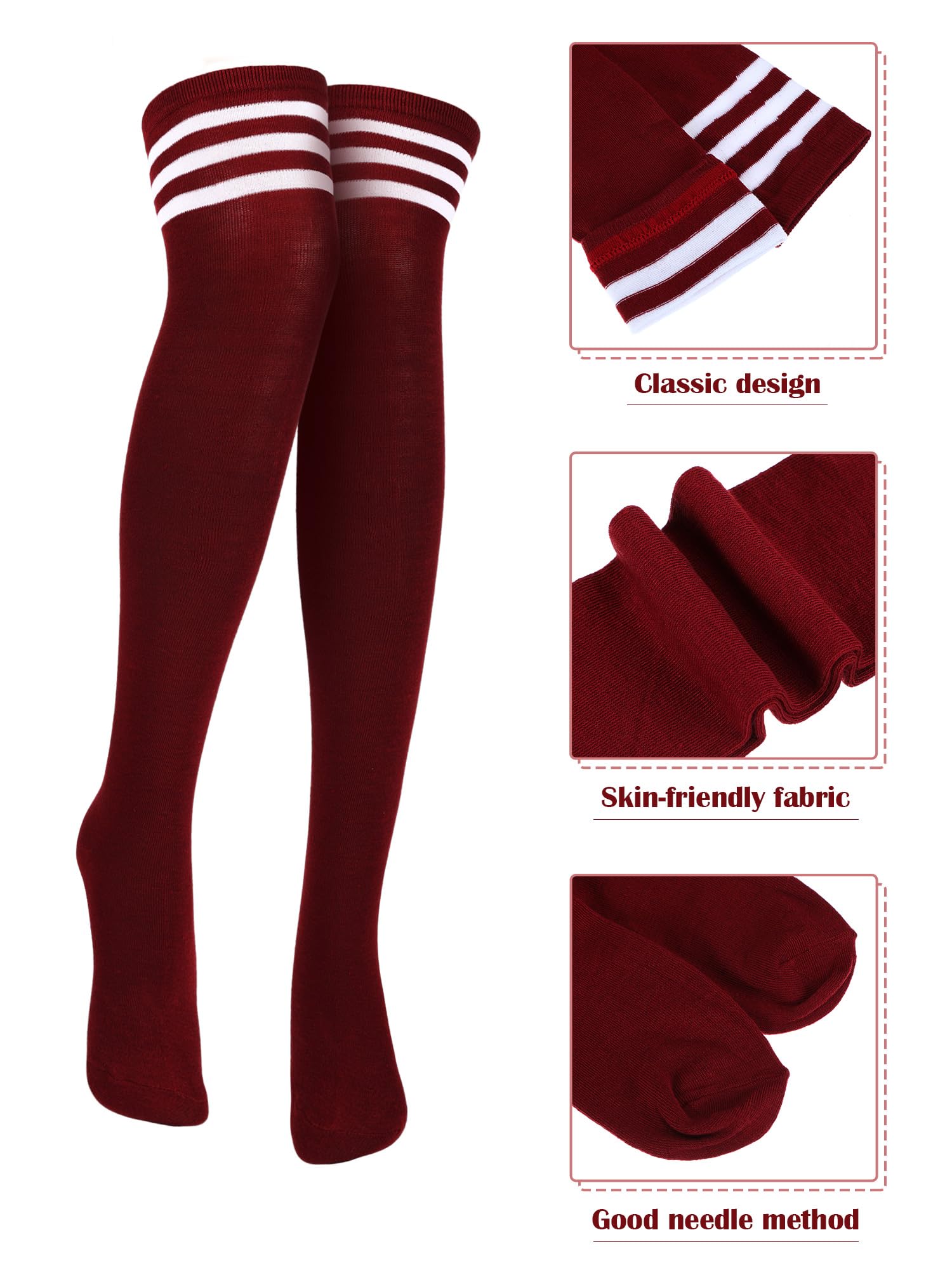 SATINIOR 3 Pairs Knee High Socks Thigh High Triple Stripe over the Knee Socks Long Opaque Thigh Stockings: One Size Black, Wine Red, White