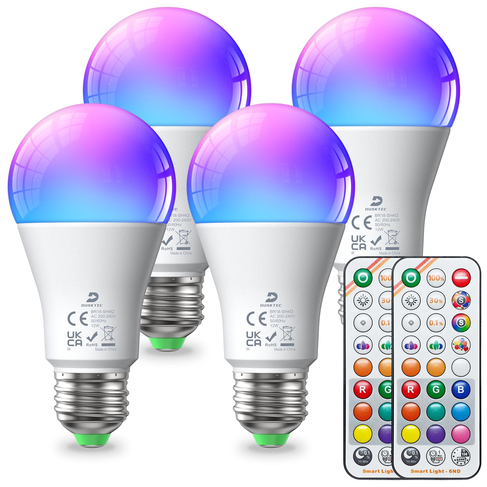 DUSKTEC Light Bulb 12W 1300LM 100 Watt Equivalent, LED RGB Colour Changing E27 Screw Bulbs, Remote Control, Timer, 9 Colors & 3CCT, Sleep Mode, 5 Dynamic Modes, No Flicker for Bedroom