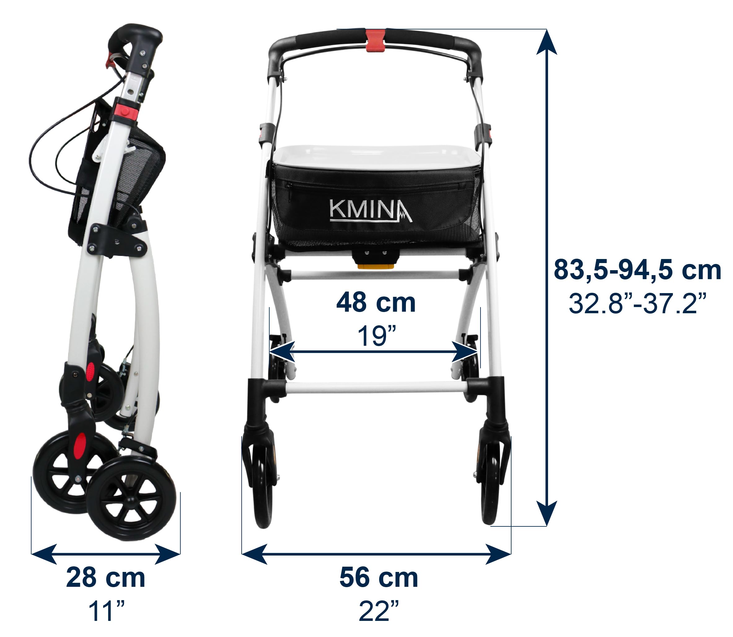 KMINA Andador Plegable Estrecho para Casa con Bandeja y Cesta, 4 Ruedas, para Adultos y Ancianos, Negro - KMINA PRO