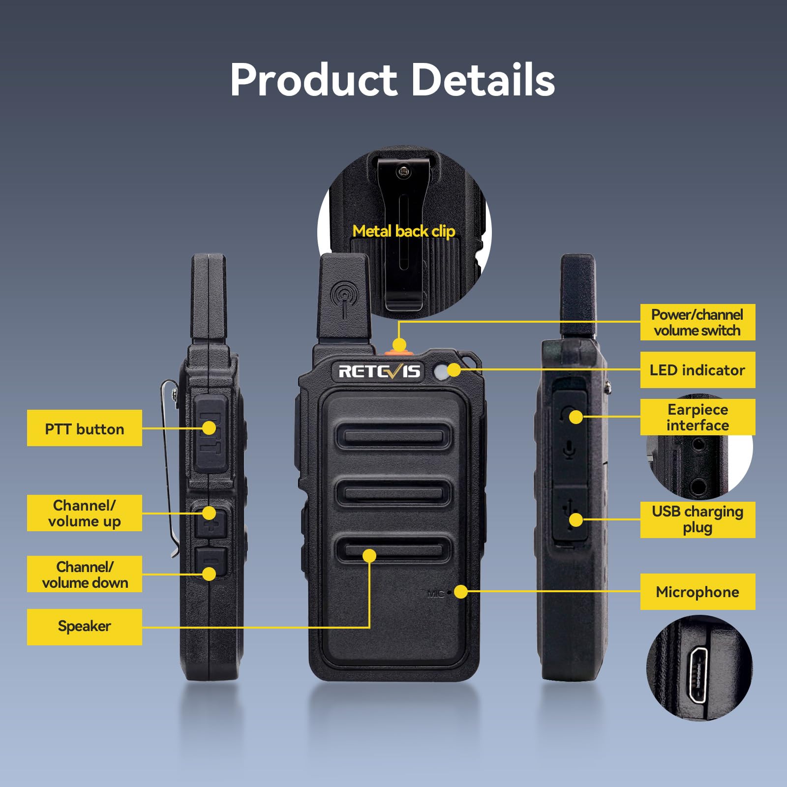 Retevis RT619 Talkie Walkie Mini, PMR446 Rechargeable Talkies Walkies 1300mAh, VOX Squelch, 2 en 1 USB Câble de Charge, sans Licence Portable Walkie Talkie pour Salle à Manger (4Pcs, Noir)