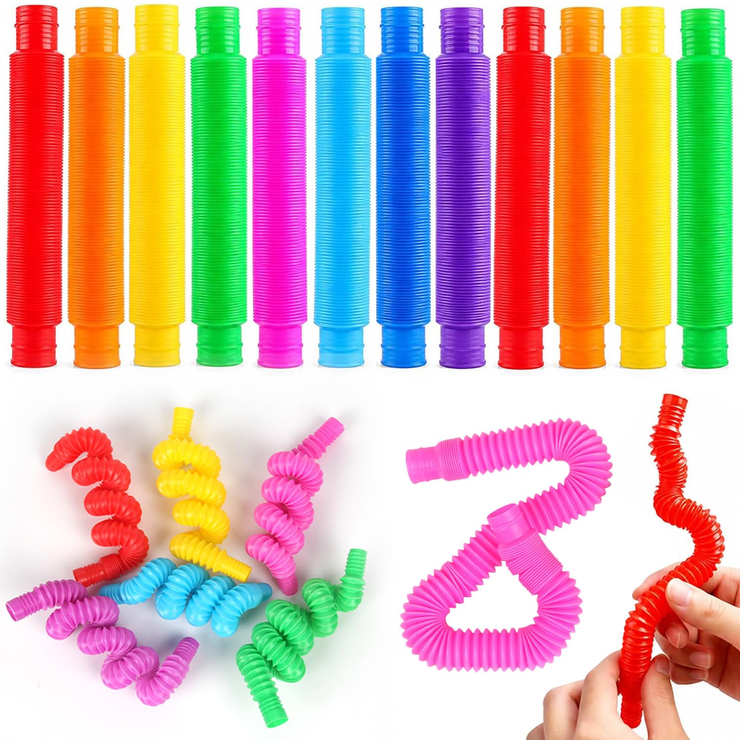 12 Pack X-Large Pop Tubes, Multi-Color Sensory Tubes for Stress & Anxiety Relief, Bendable DIY Strech Tube for Adults (46mm in Diameter)