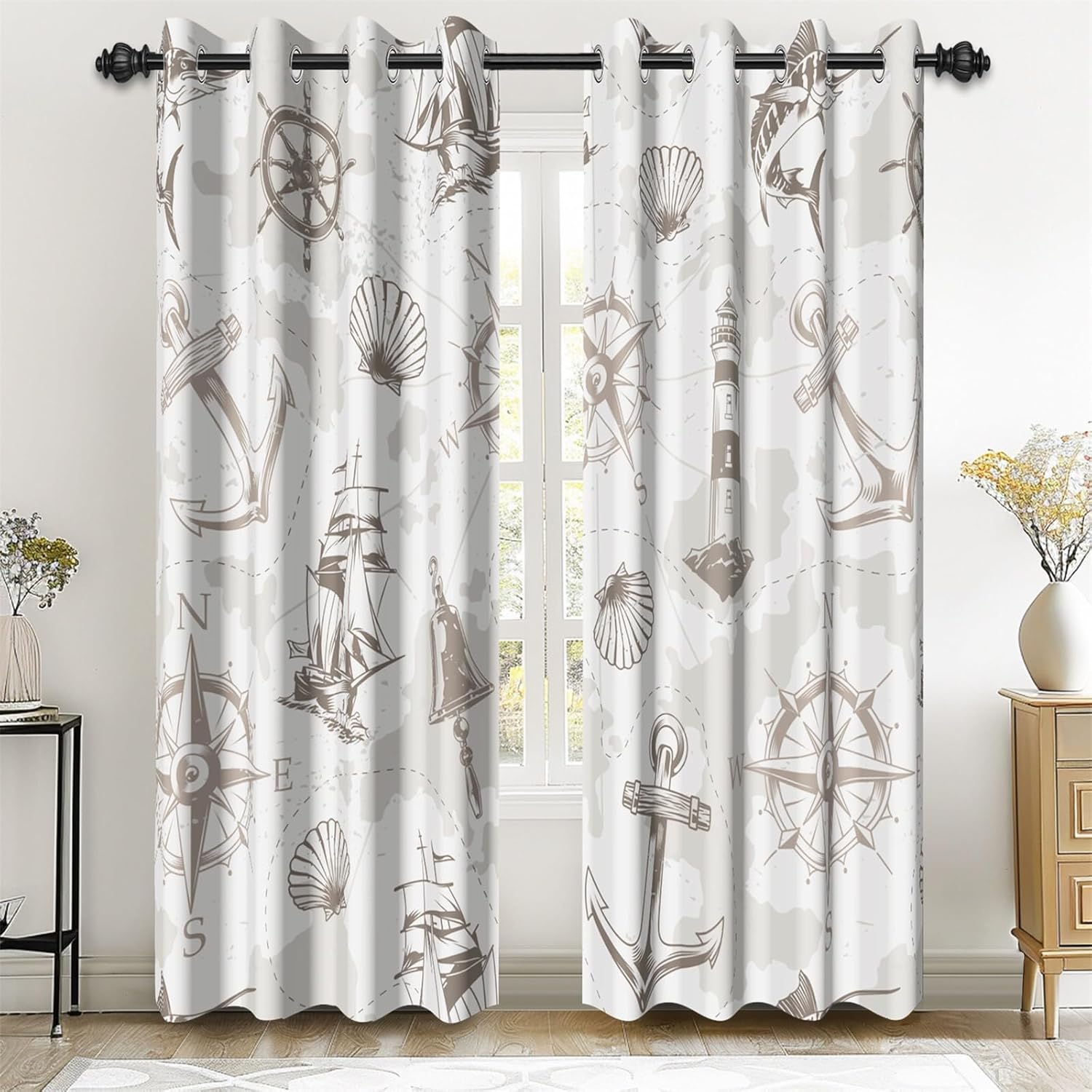 Renaiss 42 x 84 Inch Vintage Nautical Balckout Curtains Lighthouse Compass Anchor Curtain Drapes Sea Ocean Grommet Window Treatment Curtains for Living Room Bedroom Classroom Home Decoration 2 Panels