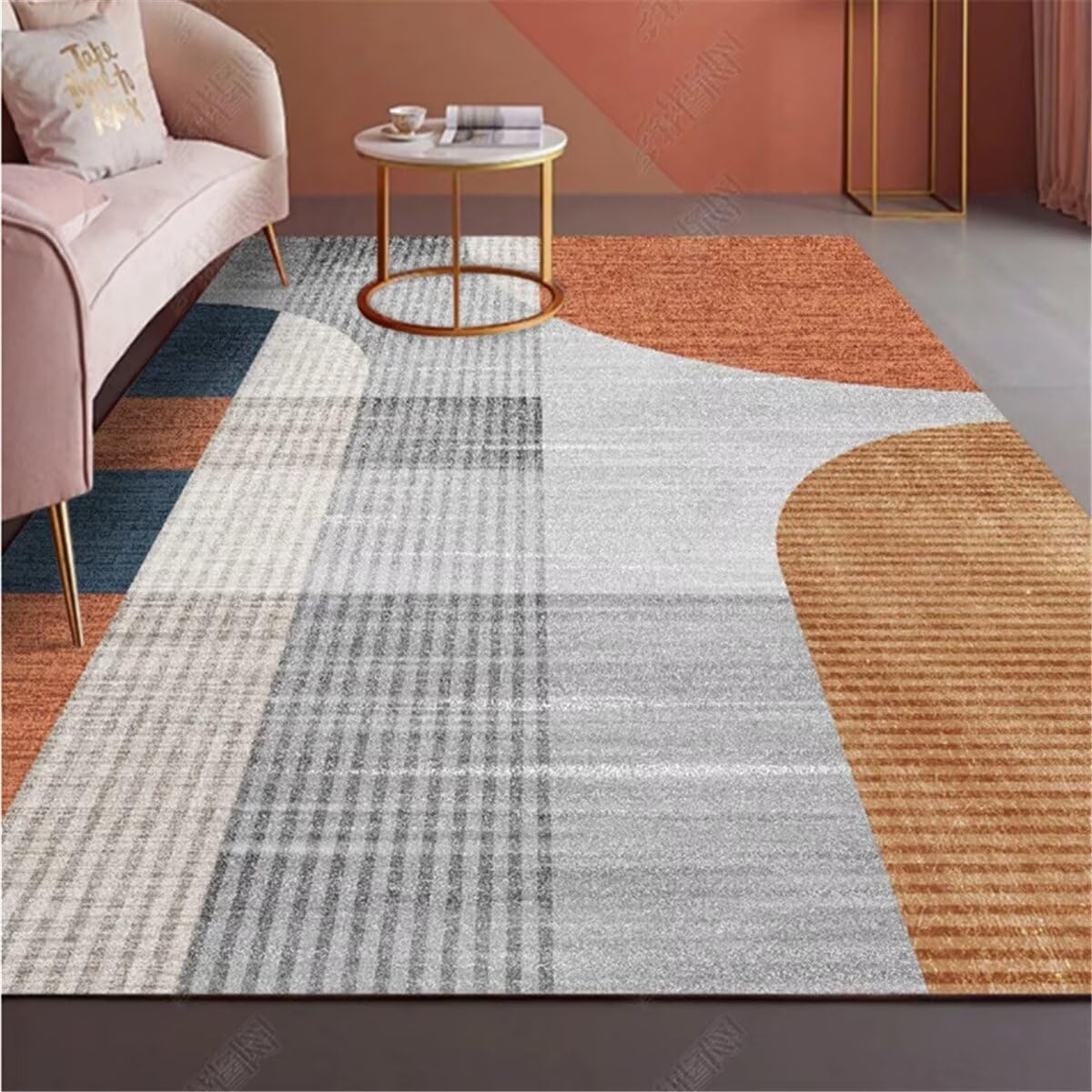 Teppich Für Balkon Wasserfest Teppich Klein orange grau geometrische Linien dekorative Rechtecke pflegeleicht Gamer Teppich 180X280CM