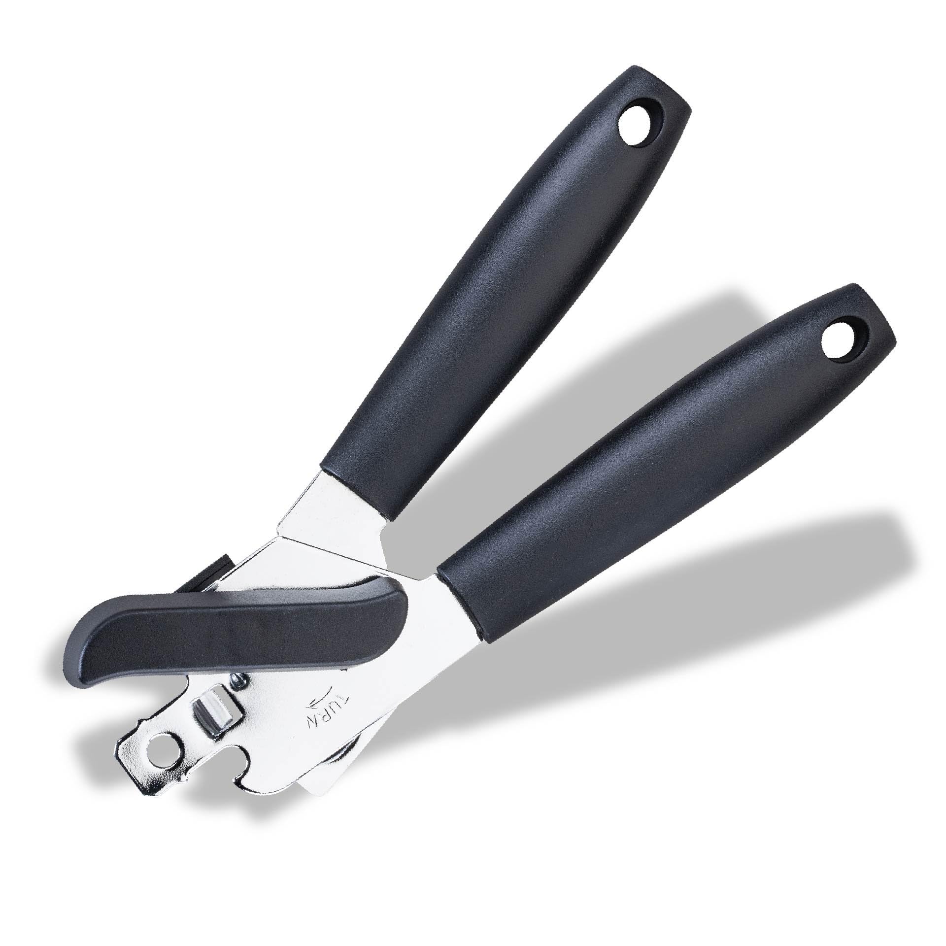 Fackelmann INITIAL Can Opener Stainless Steel, Plastic Handle, Food Safe Handheld Manual Tin Opener, Multifunctional with Bottle Cap Opener, Comfortable Handle, Sharp Cutting Blades, Black, 20cm