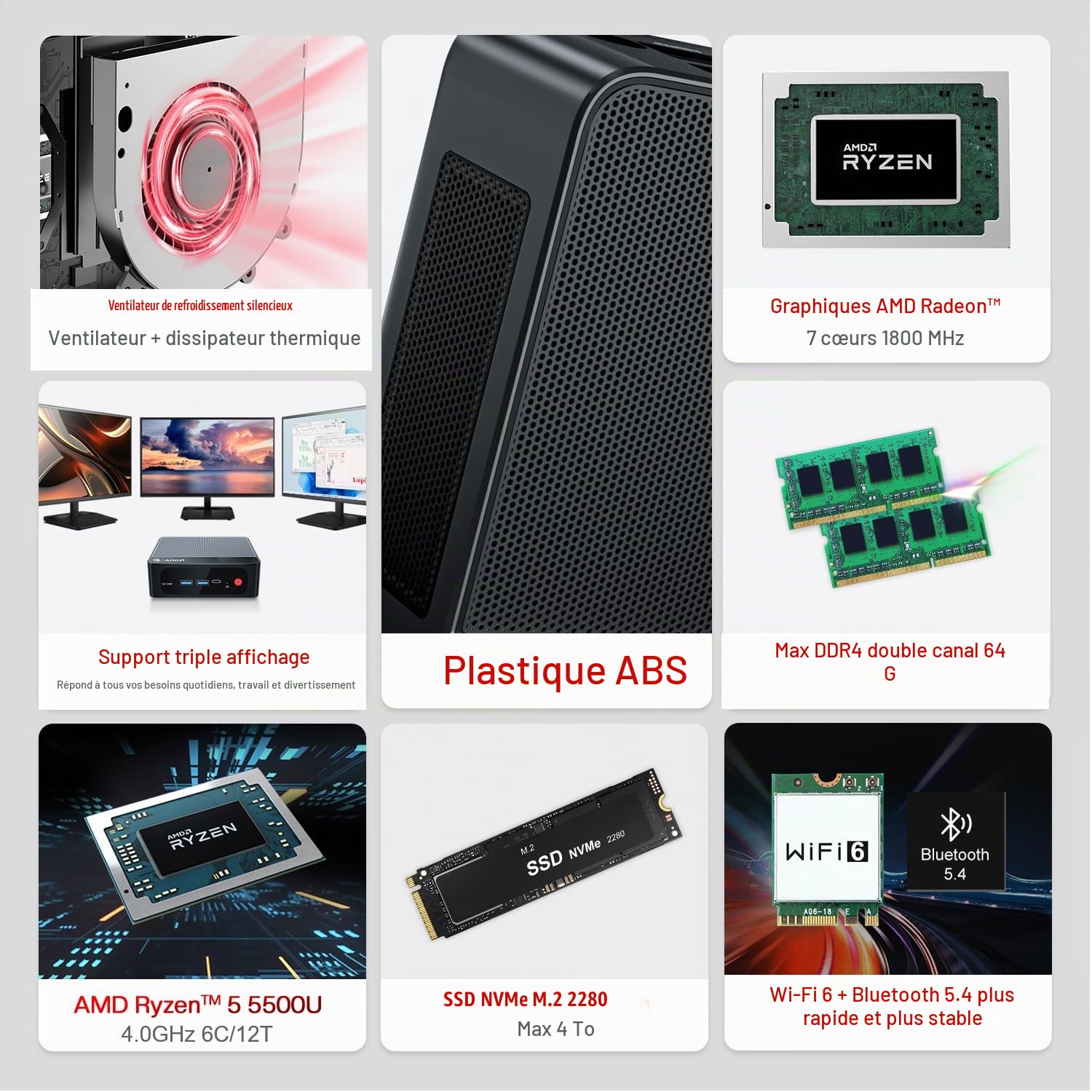 Beelink SER5 Mini PC, AMD Ryzen 5 5500U (6C/12T, 4.0 GHz) Mini Ordinateur de Bureau, 16 Go DDR4 RAM, 480 Go SSD, USB3.2, 2.5 G LAN, WiFi 6, BT5.4, Jusqu' à Trois écrans Via HDMI, DP, USB-C