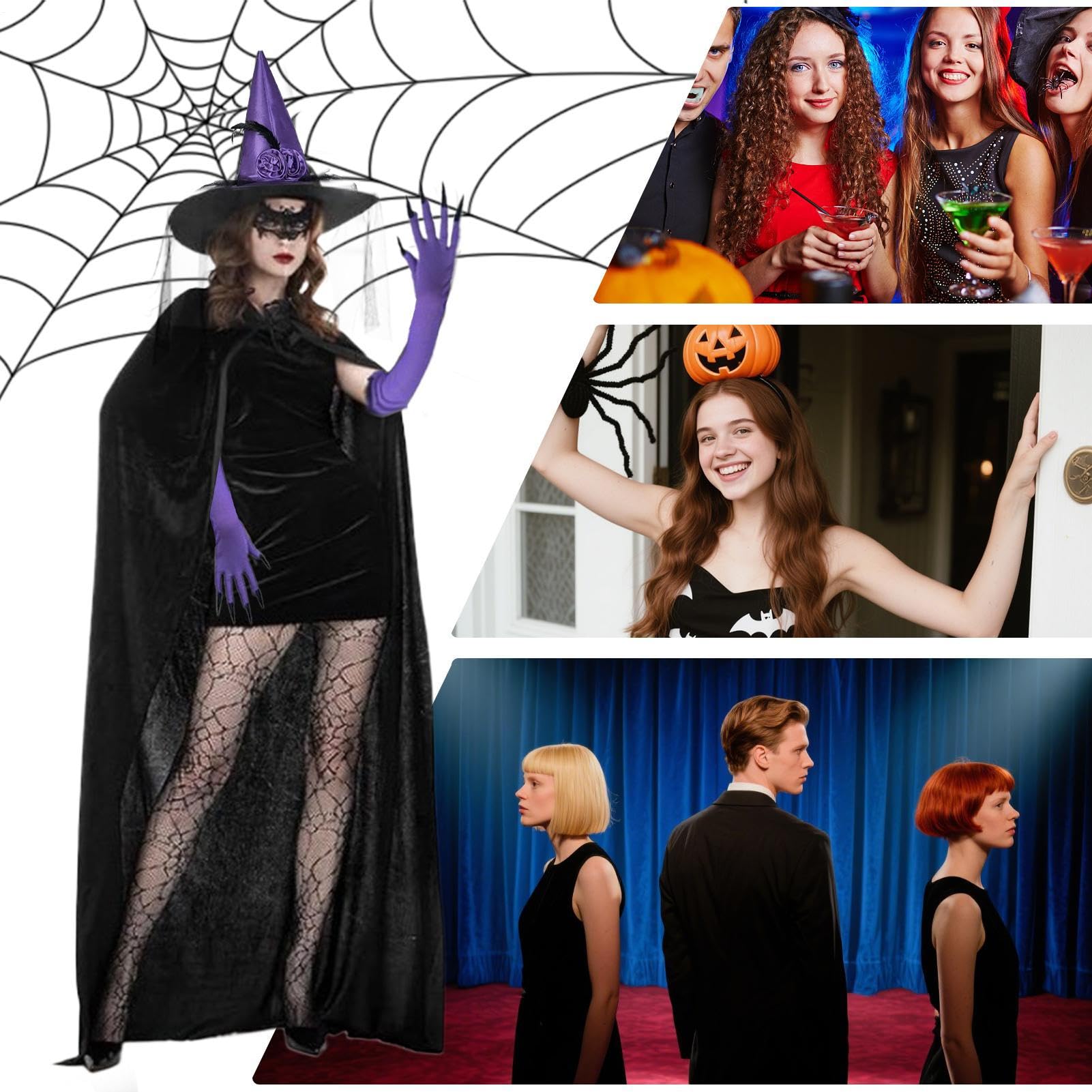 Kostium czarownicy – zestaw do cosplay czarownicy – Halloween, koronkowa maska skarpety, peleryna, kapelusz na scenę, imprezy, wesele