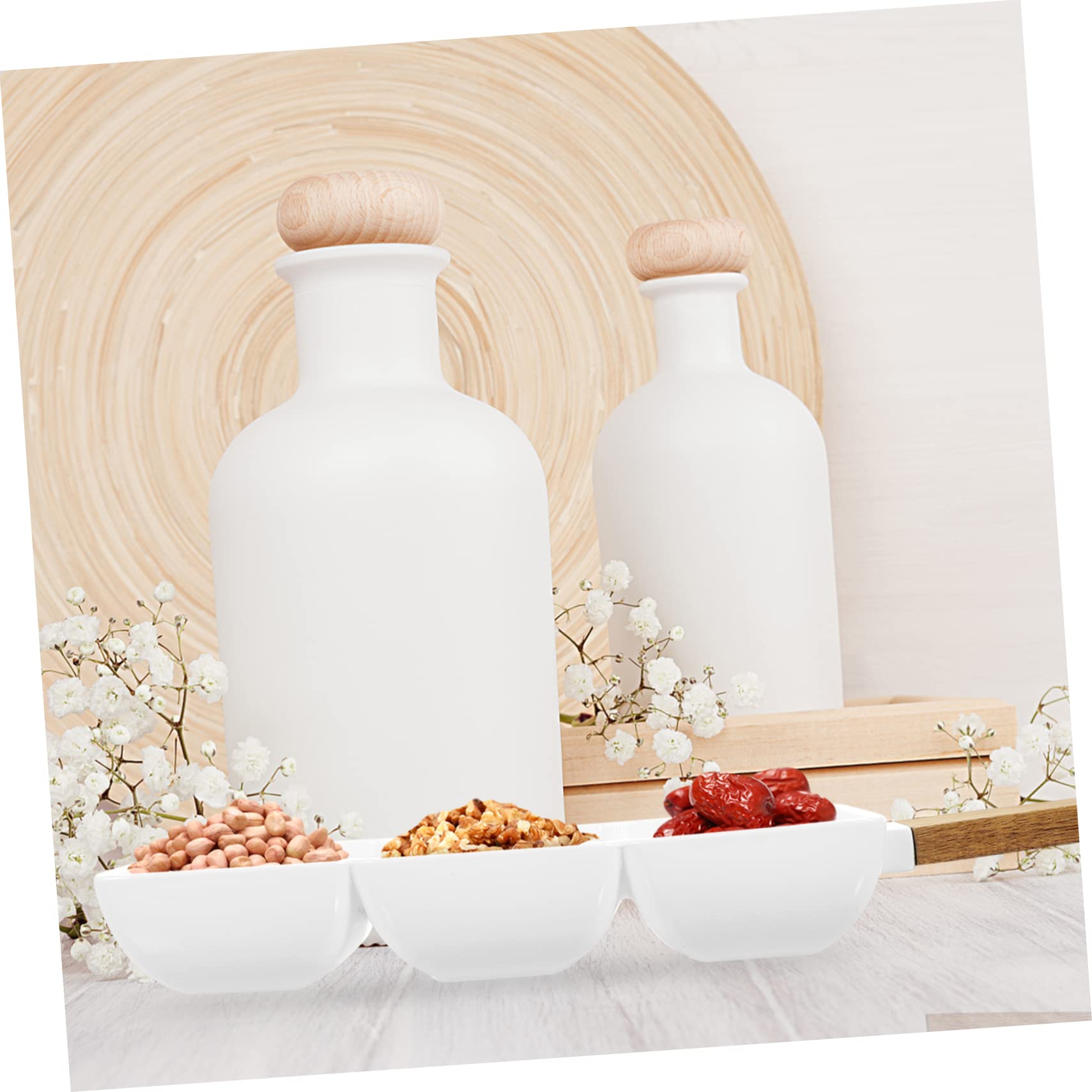 Sosoport 2 piezas Bol de Cerámica con Asa de Madera y Compartimentos para Snacks y Ensaladas para Aperitivos y Decoración de Mesa