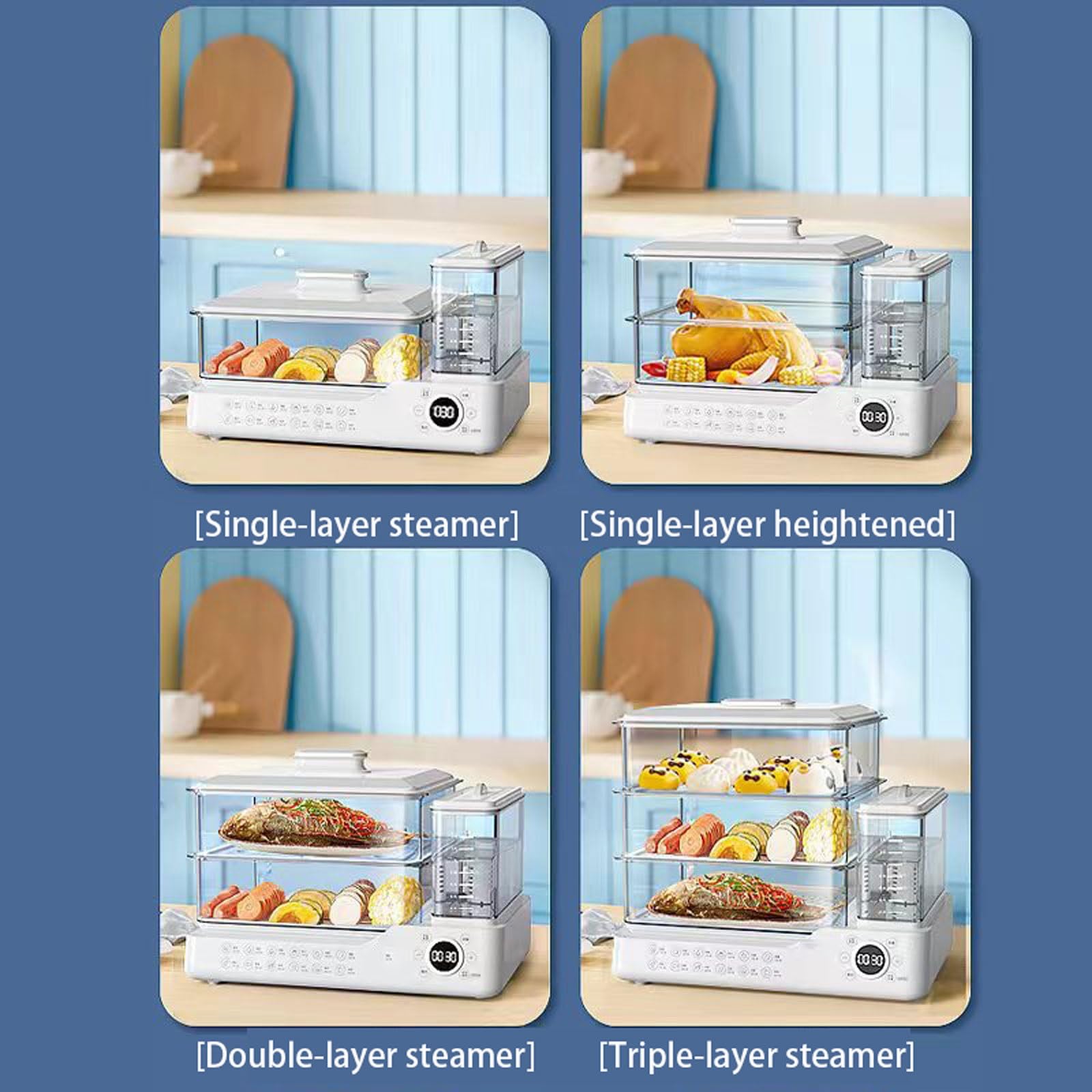 3-półkowy parowar elektryczny z wyświetlaczem dotykowym, 12 godzinne ustawienie, kompaktowa konstrukcja, zbiornik na wodę 1,5L, pojemność 24L, klasa energetyczna A (White)
