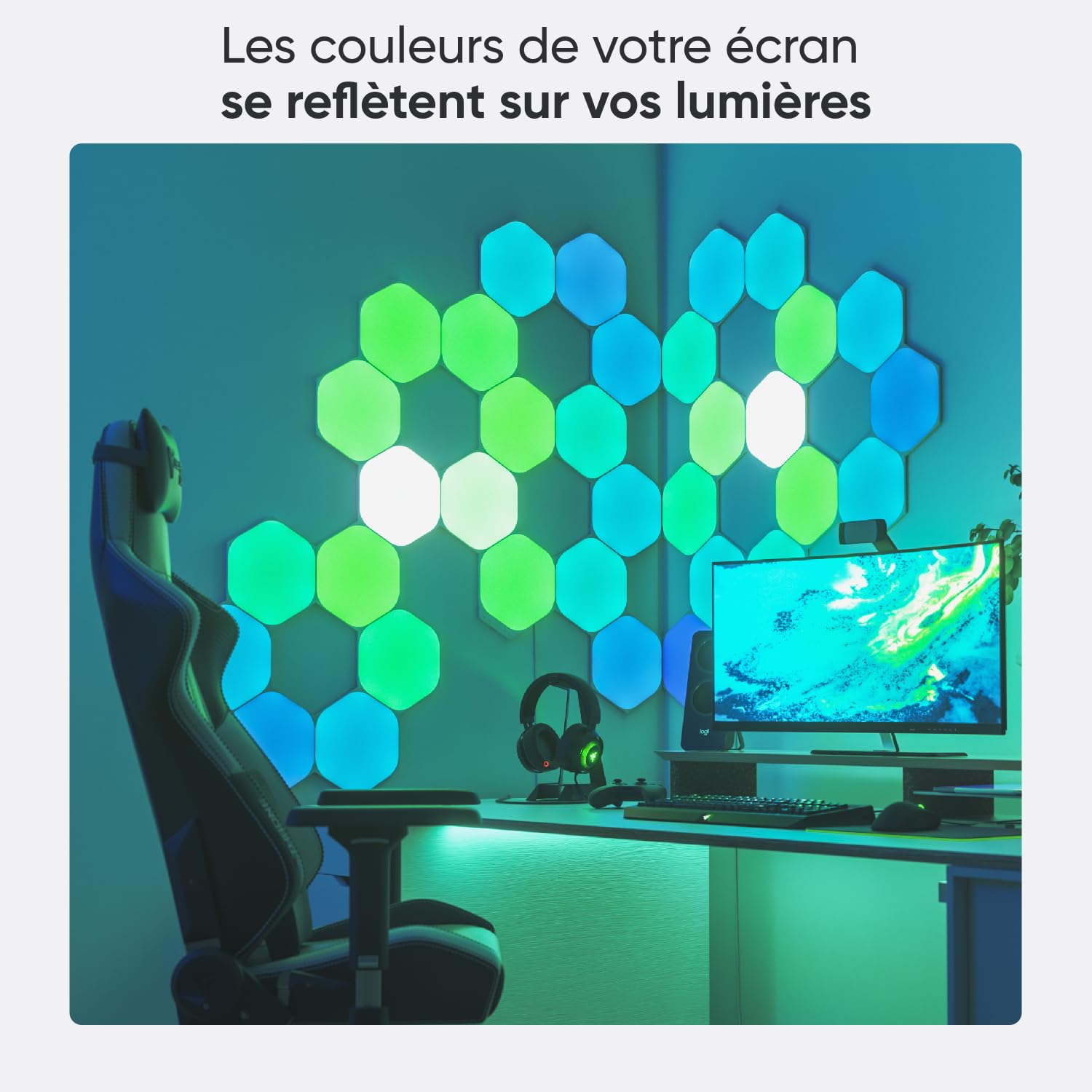 Nanoleaf Shapes Hexagone Kit de Démarrage, 9 Panneaux Lumineux LED Connectés - Appliques Murales Luminaires Intérieur Modulaires RGBW Wi-Fi, Compatible Alexa, pour Salon Chambre ou Bureau Gaming