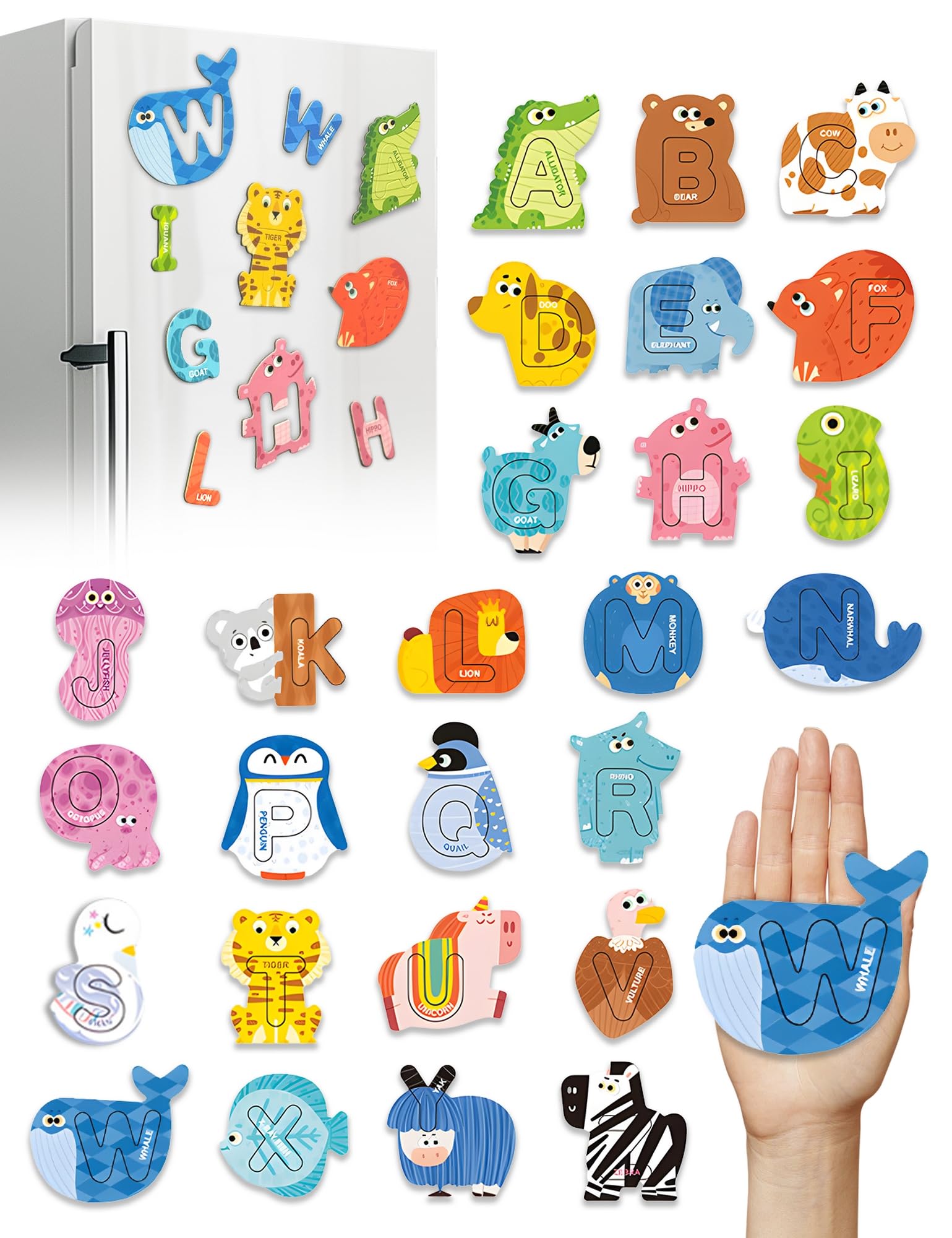 Large Size! Animals Fridge Magnets Alphabet Letters for Toddlers 1-3, 52PCS, ABC Magnets Toys, Magnetic Puzzles and Letters for Associative Memory, Educational Toys for 3 4 5 6, Gift for Boys Girls