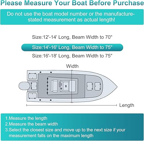 Miniatura 7 de Funda para barco Jon 900D 100% impermeable, lona de grado marino, remolcable anti-UV, con correas resistentes al viento (14 pies a 16 pies de largo,