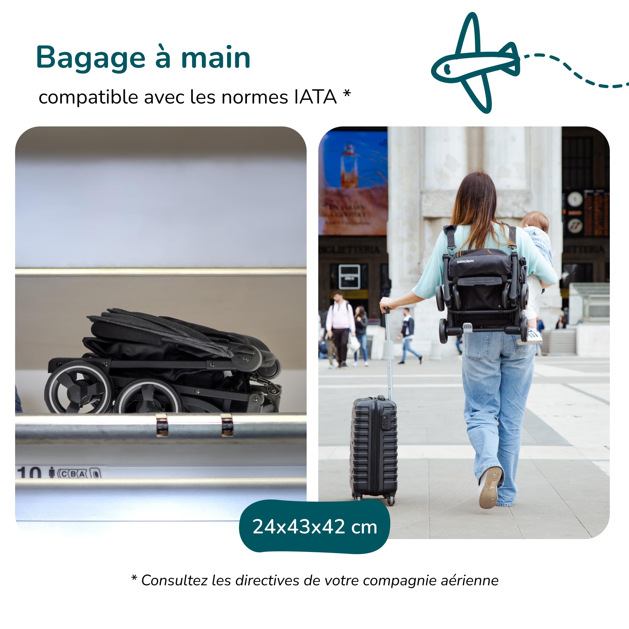 poussette canne compacte 0-36kg Ultra-Légère Zanclem, Super Équipée - pliable compact voyage avec Ceinture 5 Points Et Frein À Pied, poussette avion cabine homologuée