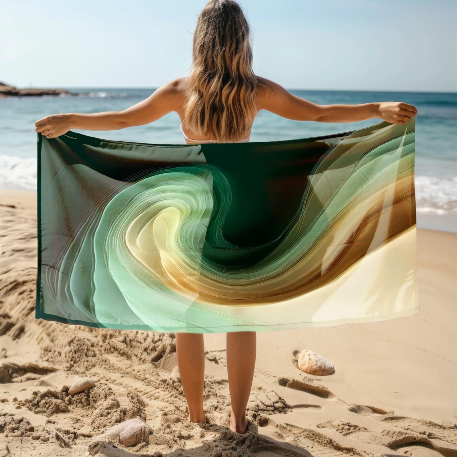 Drap de Plage XXL 200X200 Art Vert Et Jaune Serviettes de Plage en Microfibre,Serviette Piscine Extra Large sans Sable pour Adultes Séchage Rapide
