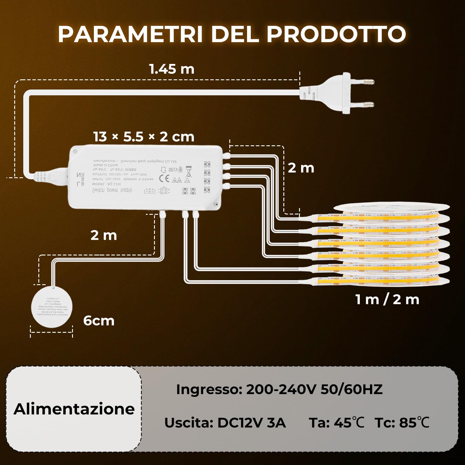 Striscia LED COB 6 x 1 m, Dimmerabile con Controllo Touch, per Pannelli Acustici, Armadi, Cucine, Cantinette per Vini, Vetrine e Illuminazione di Scaffali, 3000K
