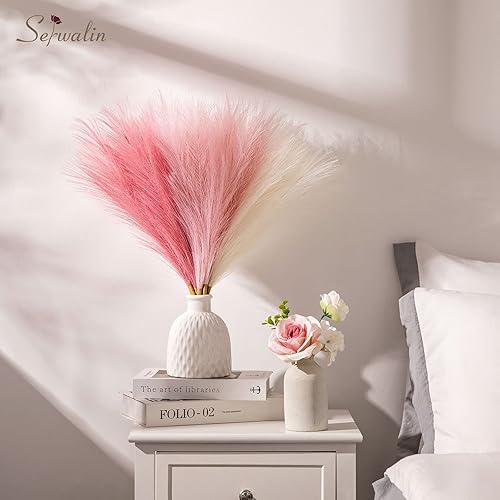 Miniatura 8 de Serwalin 12 piezas de hierba de Pampas rosa, decoración de hierba de Pampas falsa rosa de 17.7 pulgadas, hierba de Pampas artificial corta rosa
