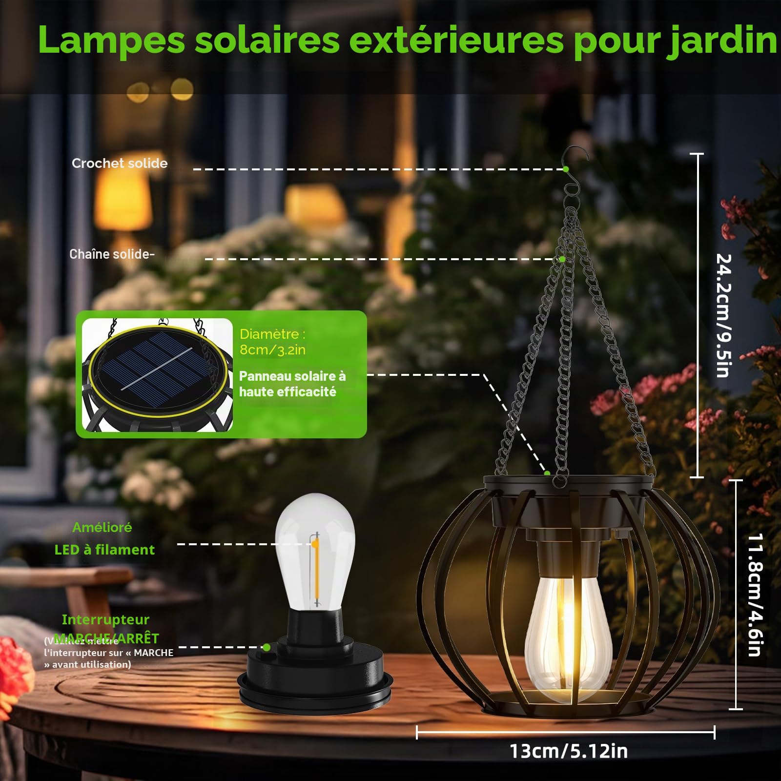 Lampe Solaire Exterieur Suspendue, Lanterne Solaire Exterieur Métal avec Chaîne et Crochet, IP65 Étanche Lanterne Ronde Decorative à Suspendre pour Terrasse Balcon Cour Jardin, lot de 2