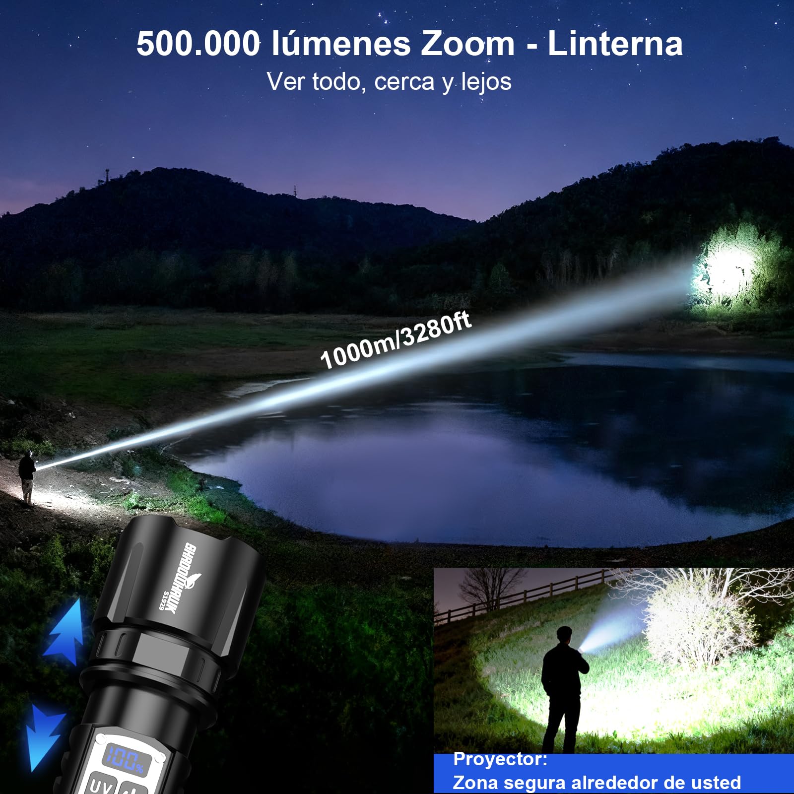 Shadowhawk 2-En-1 Linterna LED Alta Potencia Interruptor Doble 1000000 LM | Ajustar Del Brillo,Linterna Super Potente,Hasta 1000m,Luz Linterna UV para Camping/Emergencias/Detección De Orina De Mascotas
