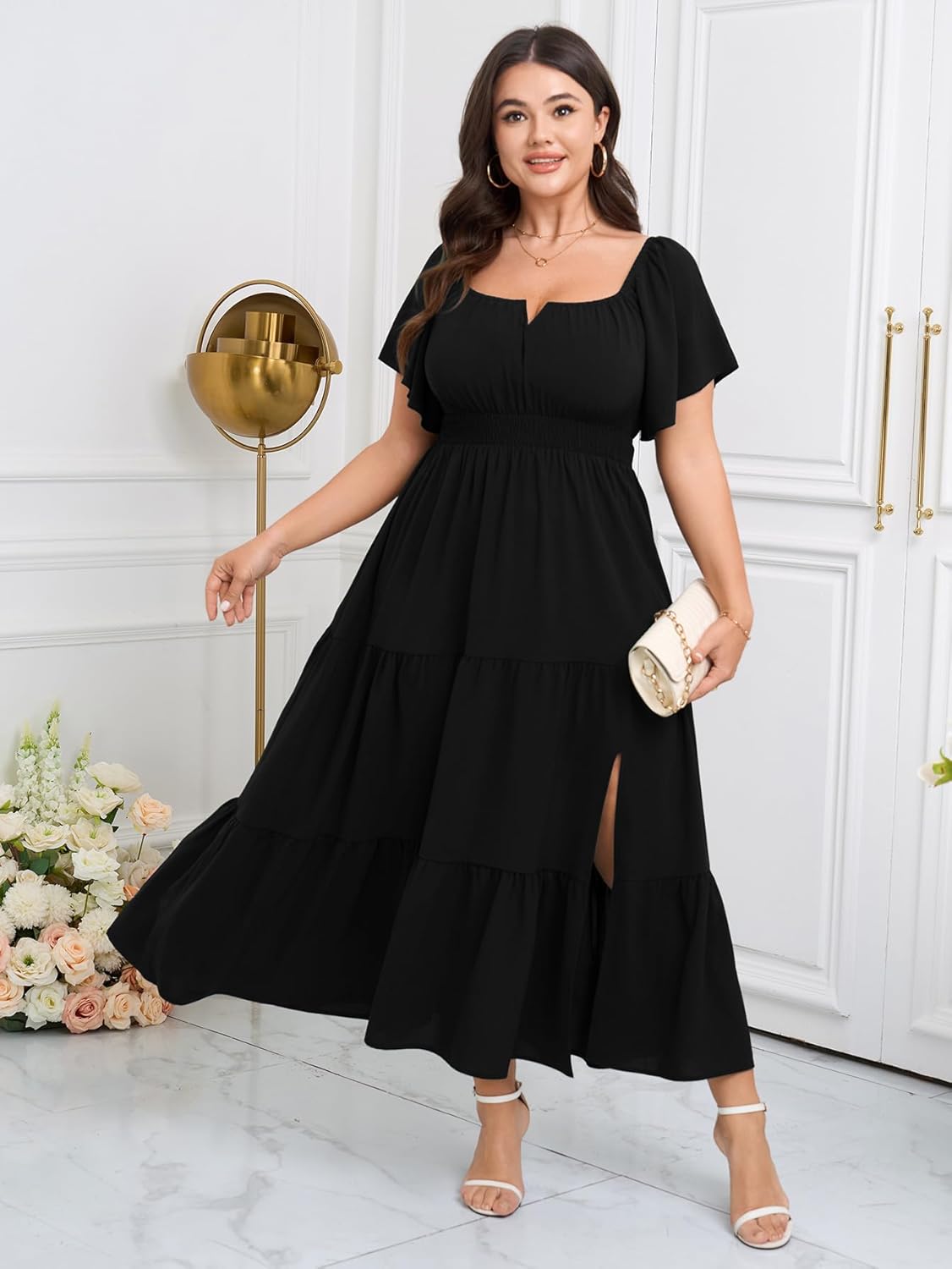 SCOMCHIC Womens Plus Size Maxi Dress Formal Short Sleeve Square Neck Smocked Side Split Flowy A Line Tiered Long Dress - Image 2
