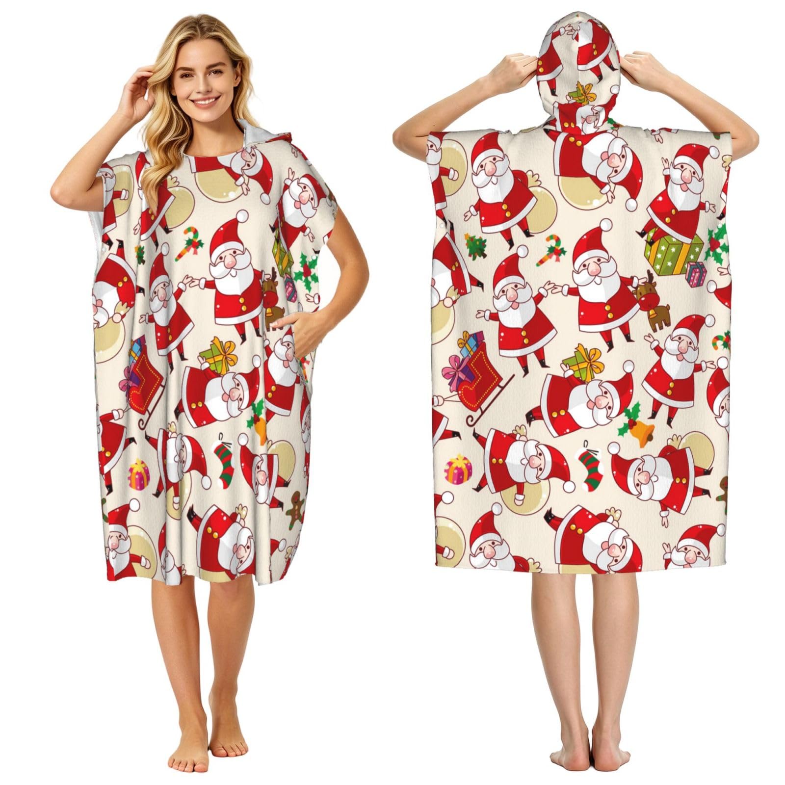 Poadnly Christmas Santa Claus Xmas, Adult Hooded Beach Towel 90 x 110 cm,Changing Bath Robe, Surf Poncho Towel For Women Men