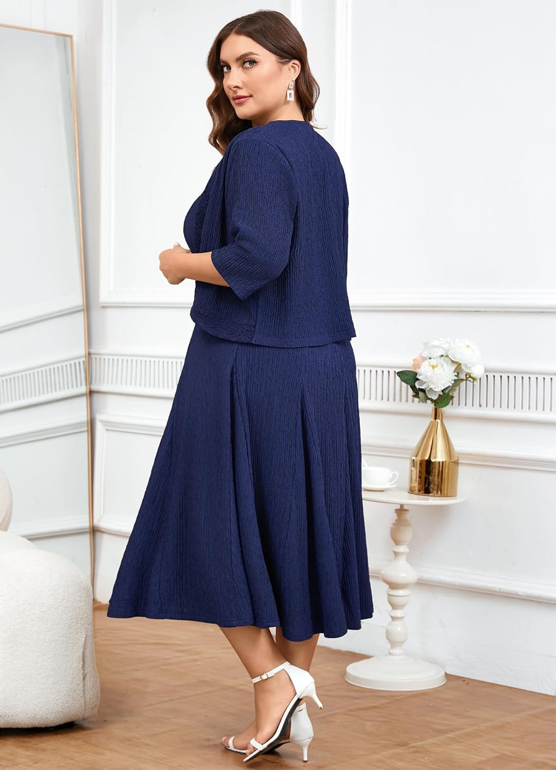 ZOMVA Plus Size Mother of The Bride Groom Dresses for Curvy Women 2 Piece Wedding Guest Dress with Jacket Tea Length
