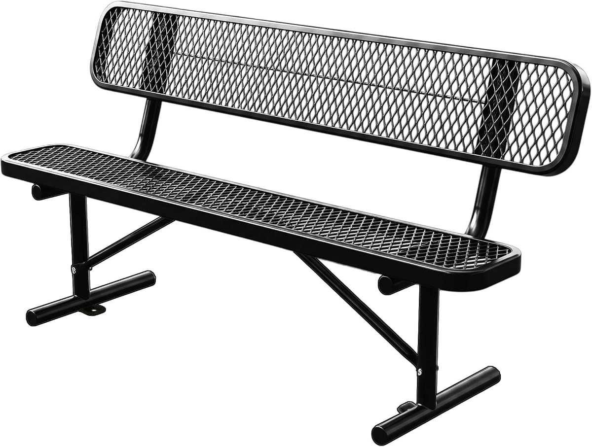 6 FT Outdoor Park Bench with Backrest, Commercial Bench | Heavy-duty thermoplastic coating resists rust and weather, ideal for parks, schools, patios & gardens, Black