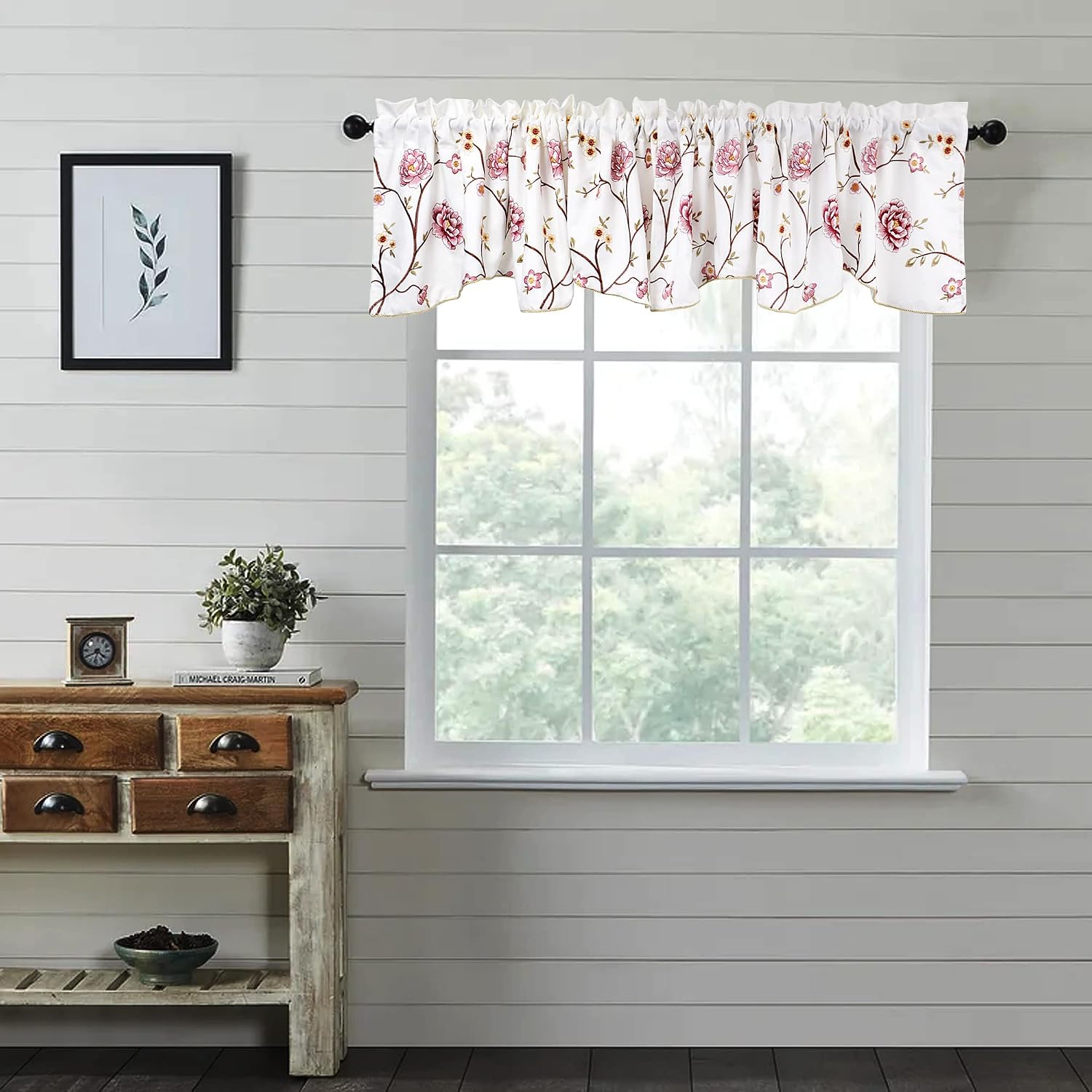 HESTIN April Blossom One Panel Valance 60" x 19" inch, Floral Embroidery Curtain Living Room Bedroom with Rod Pocket, Wine